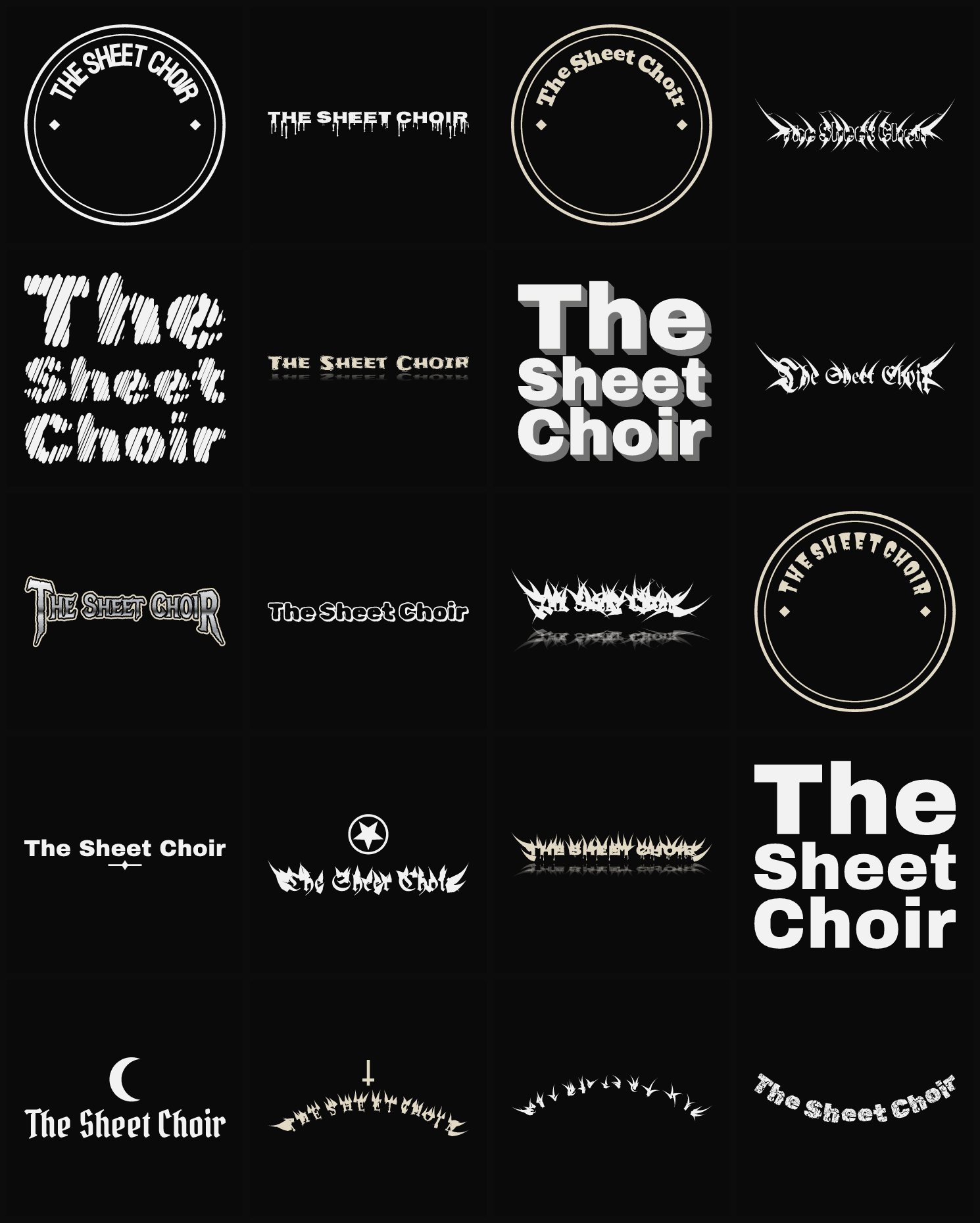 Twenty The Sheet Choir band logo ideas — different faces, treatments and spike settings