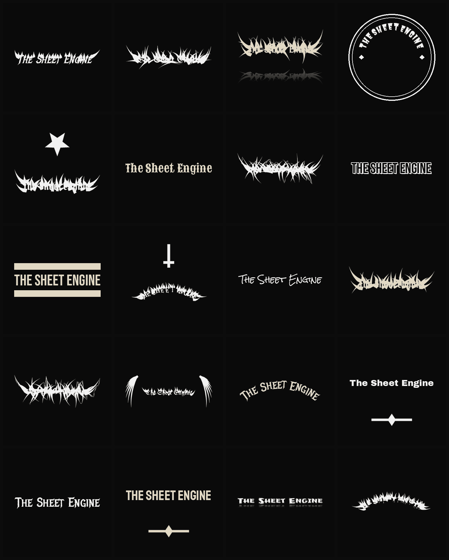 Twenty The Sheet Engine band logo ideas — different faces, treatments and spike settings