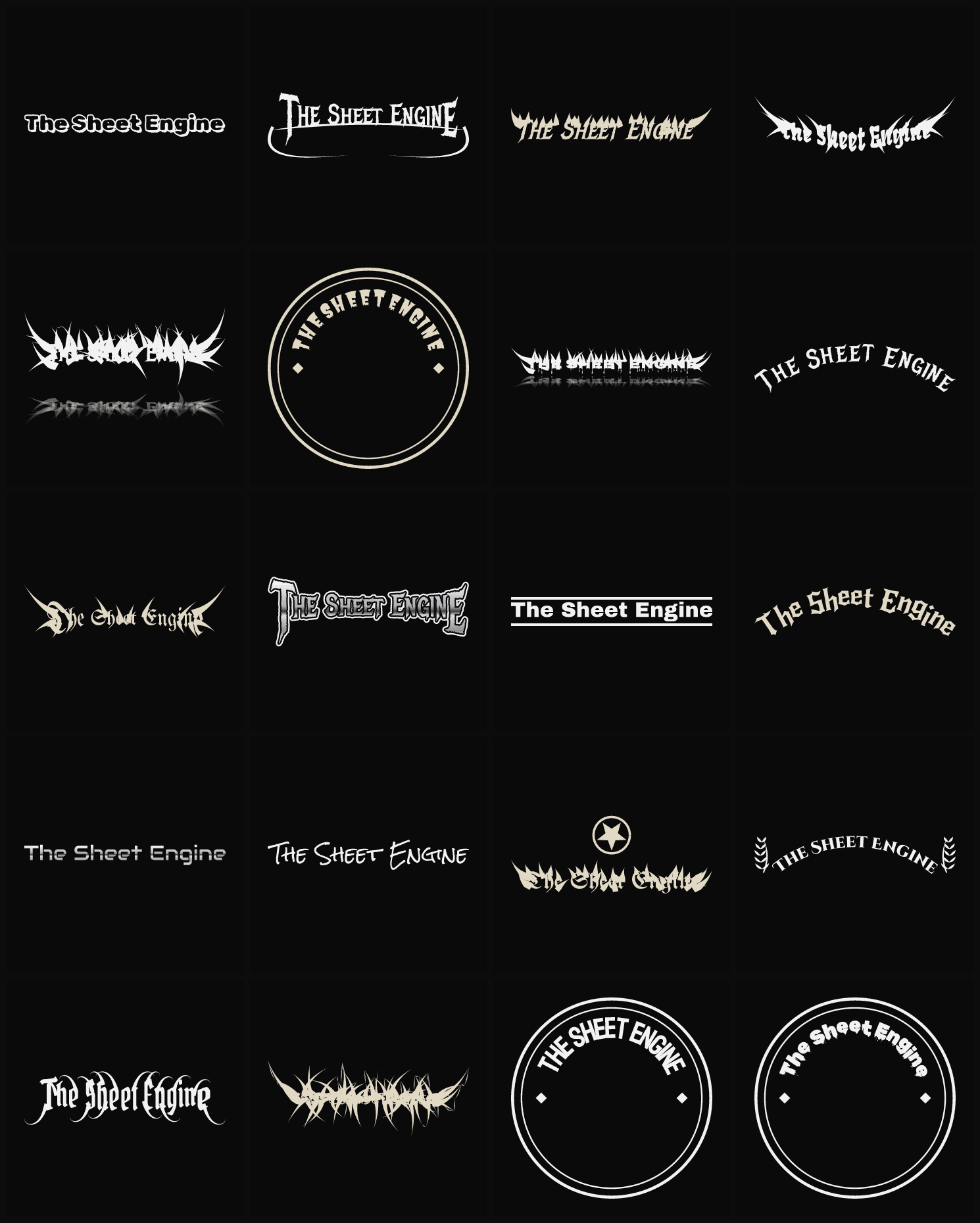 Twenty The Sheet Engine band logo ideas — different faces, treatments and spike settings