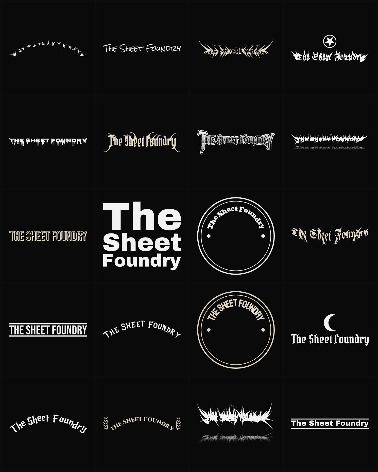 Twenty The Sheet Foundry band logo ideas — different faces, treatments and spike settings