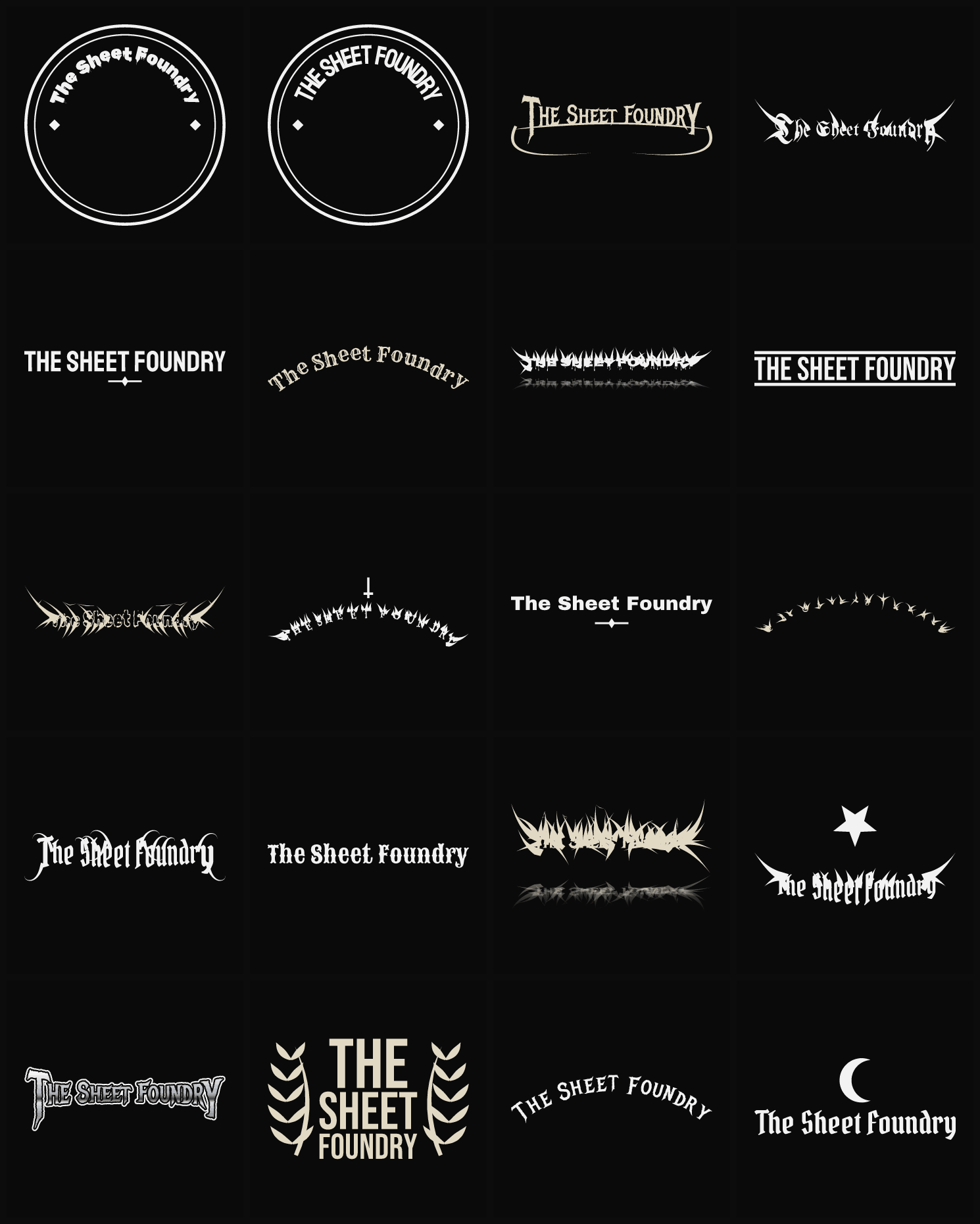Twenty The Sheet Foundry band logo ideas — different faces, treatments and spike settings