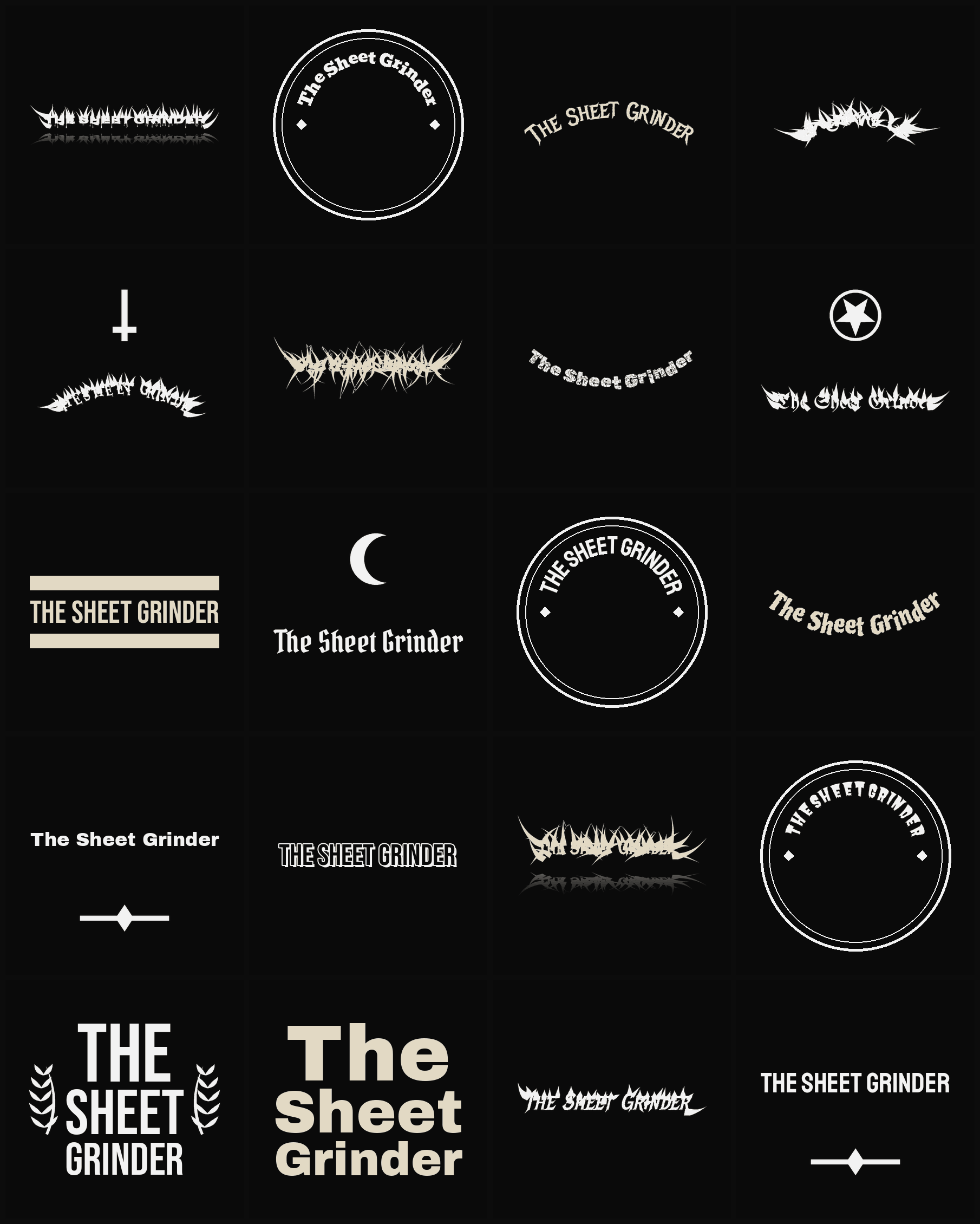 Twenty The Sheet Grinder band logo ideas — different faces, treatments and spike settings