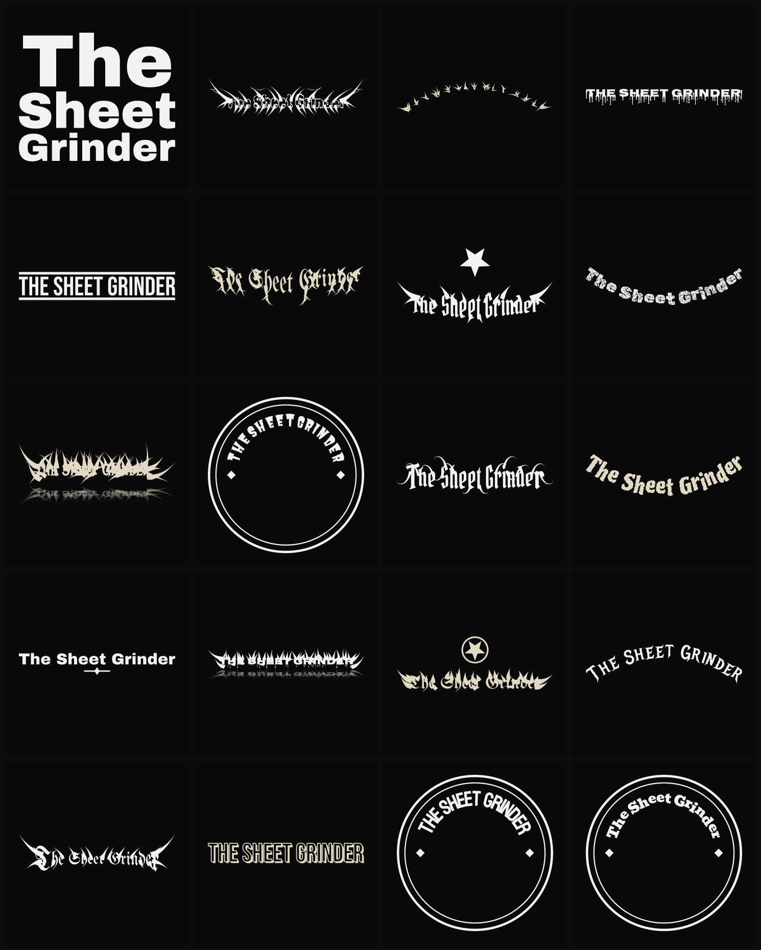 Twenty The Sheet Grinder band logo ideas — different faces, treatments and spike settings
