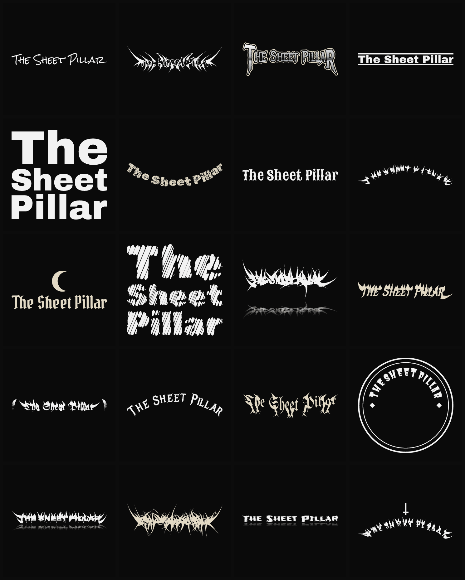 Twenty The Sheet Pillar band logo ideas — different faces, treatments and spike settings