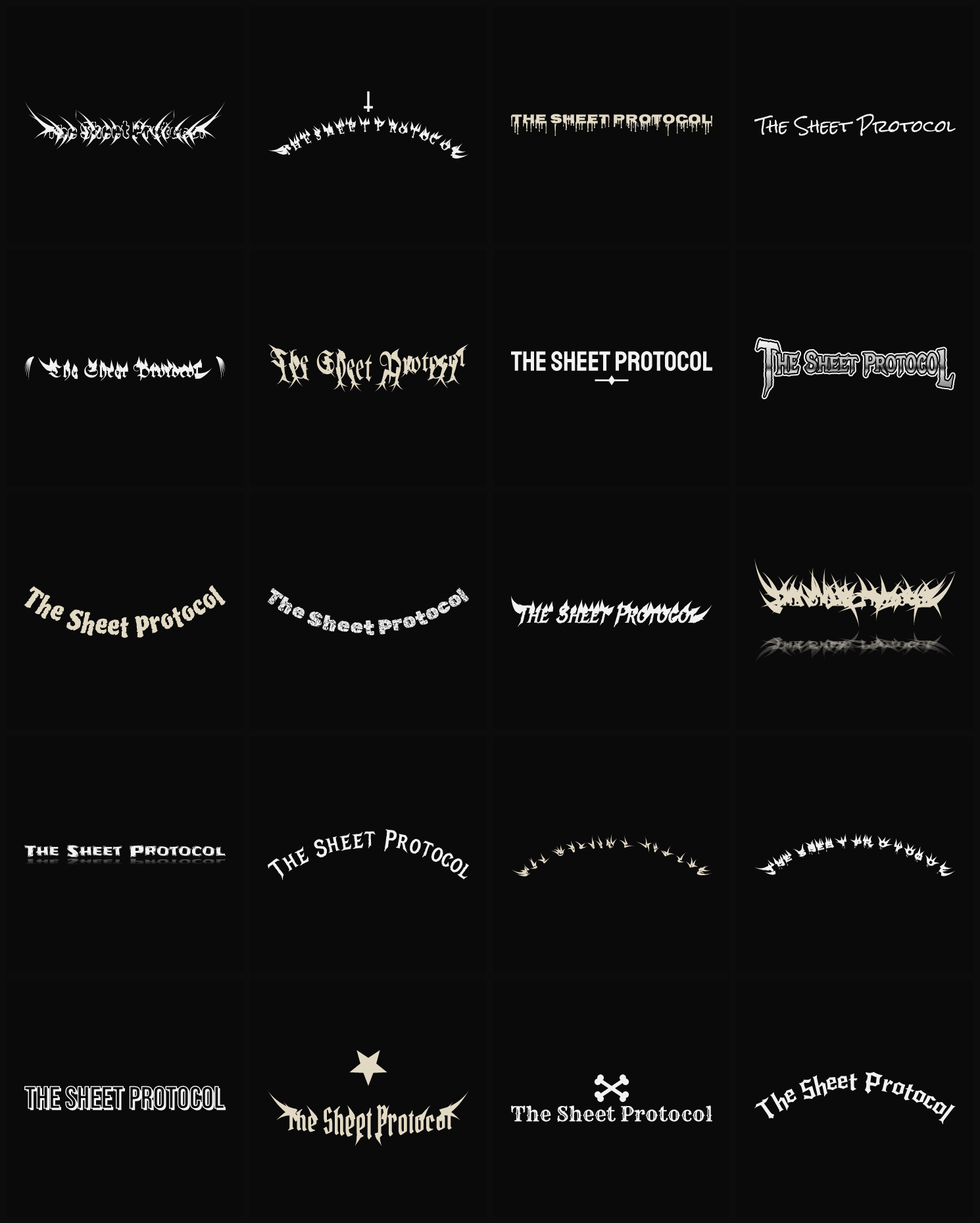 Twenty The Sheet Protocol band logo ideas — different faces, treatments and spike settings