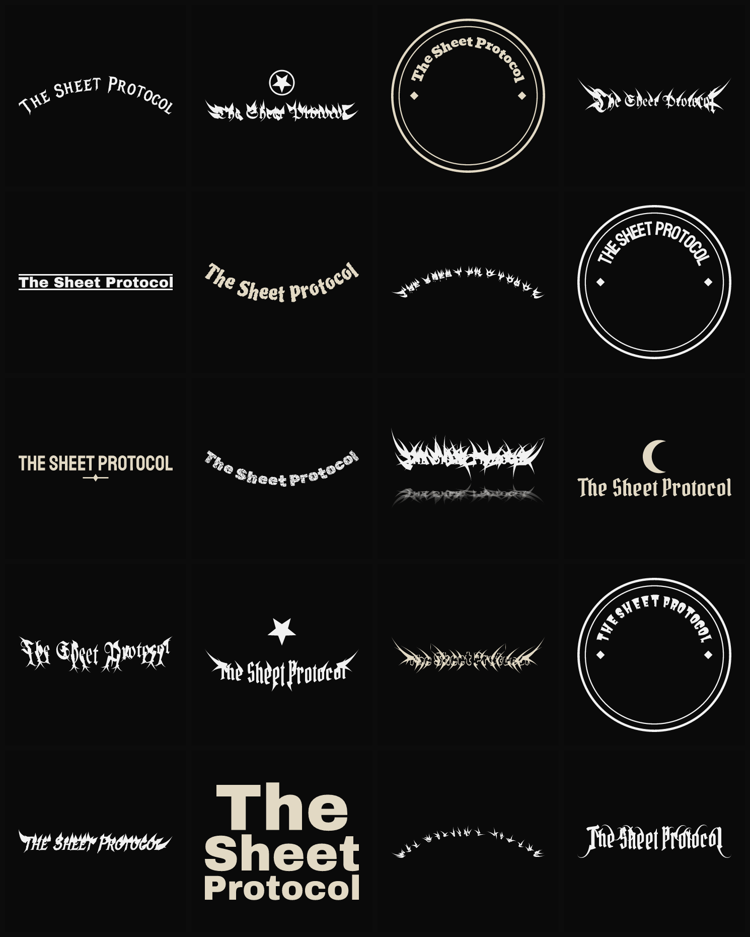 Twenty The Sheet Protocol band logo ideas — different faces, treatments and spike settings