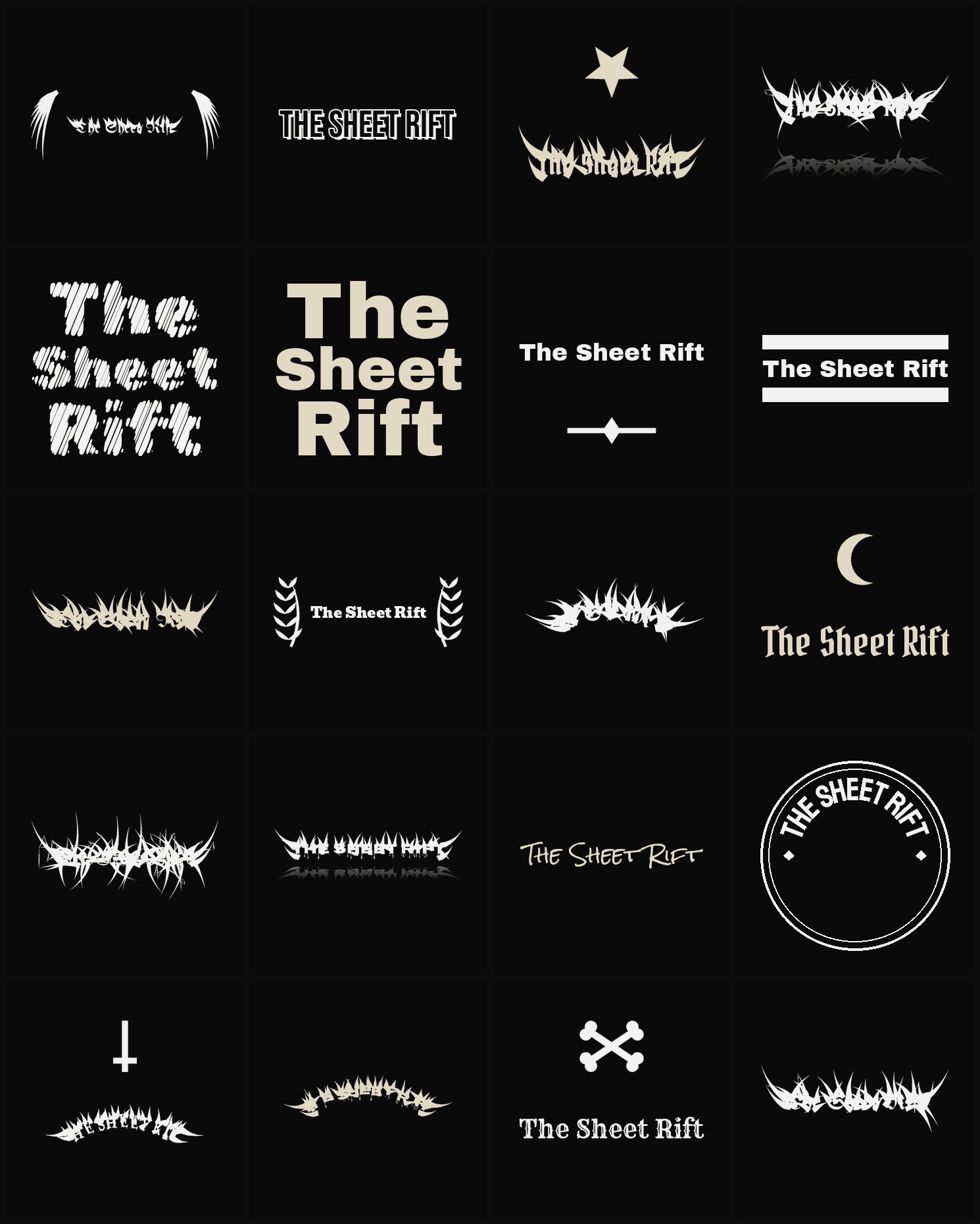 Twenty The Sheet Rift band logo ideas — different faces, treatments and spike settings