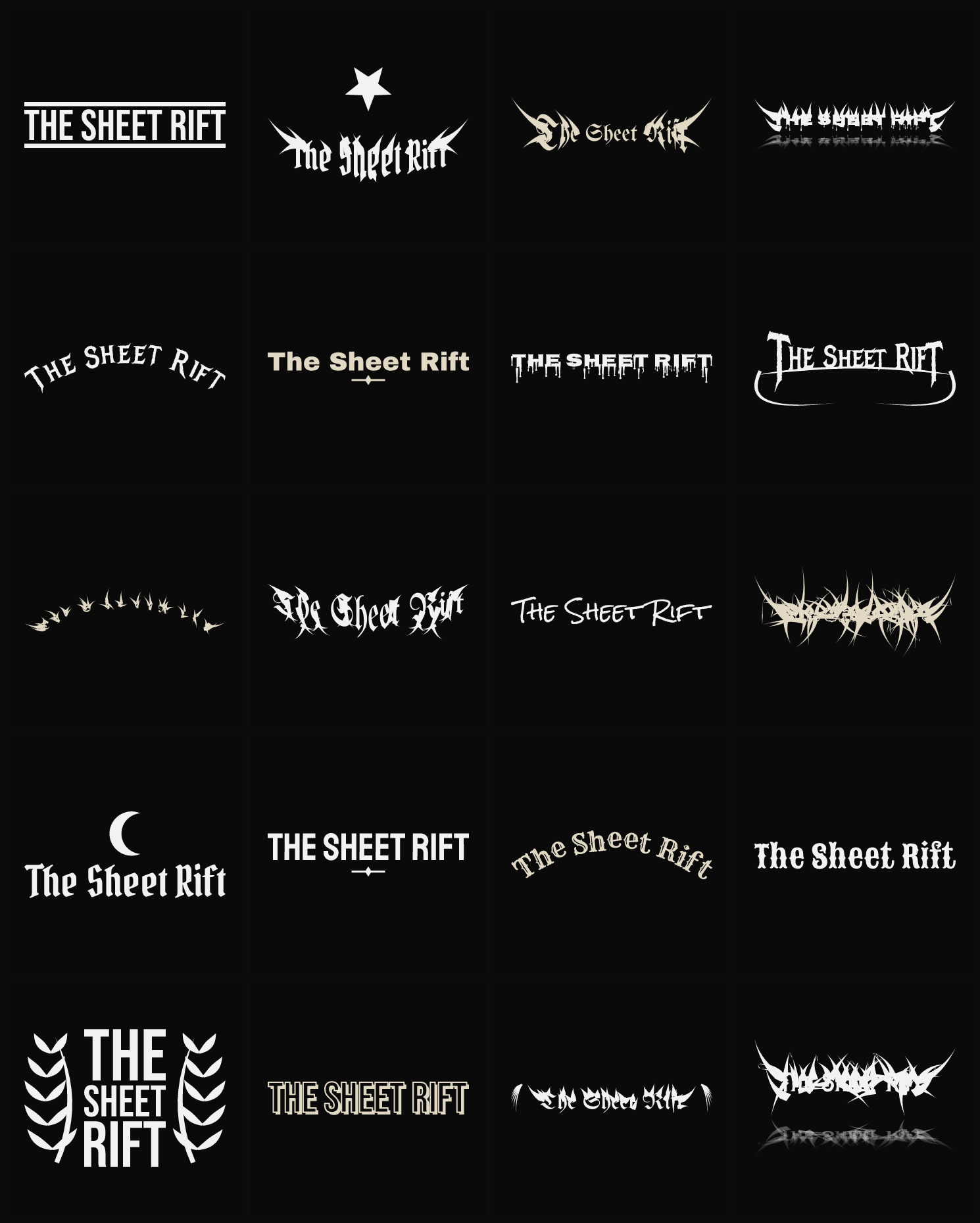 Twenty The Sheet Rift band logo ideas — different faces, treatments and spike settings