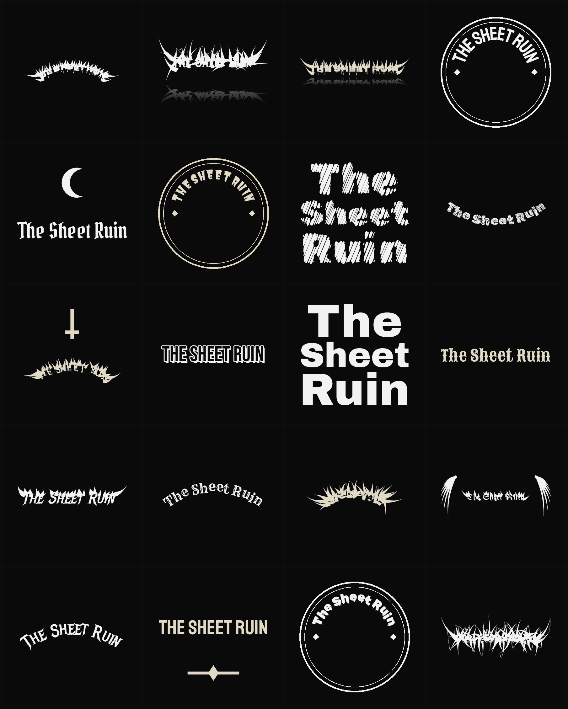 Twenty The Sheet Ruin band logo ideas — different faces, treatments and spike settings