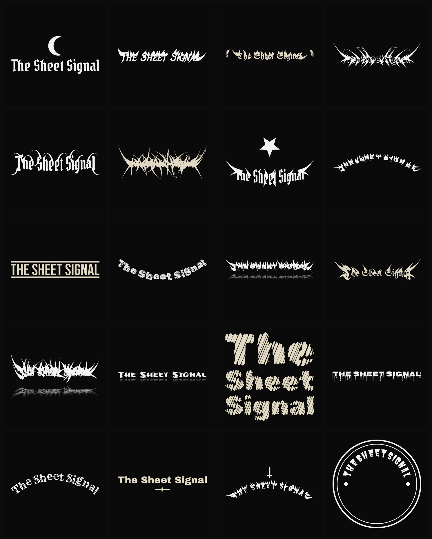 Twenty The Sheet Signal band logo ideas — different faces, treatments and spike settings
