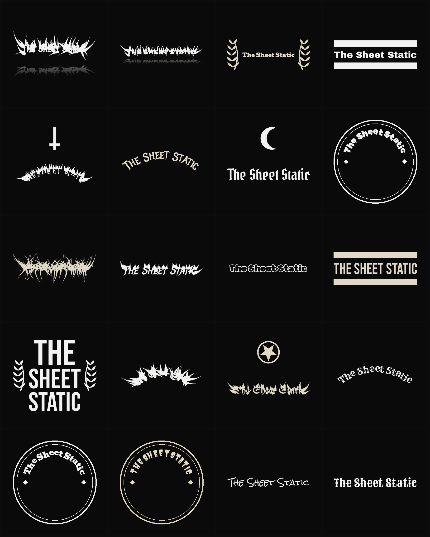 Twenty The Sheet Static band logo ideas — different faces, treatments and spike settings
