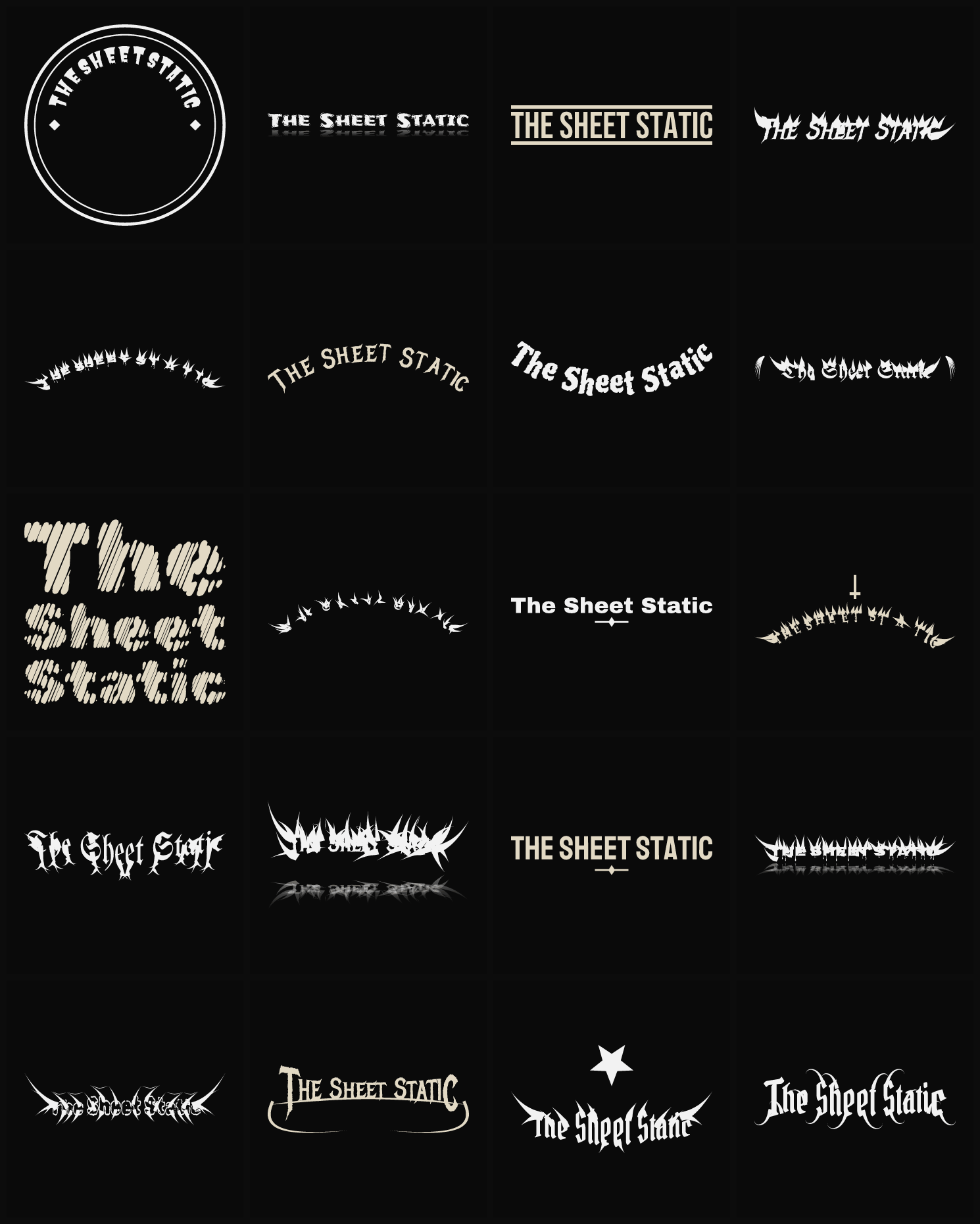 Twenty The Sheet Static band logo ideas — different faces, treatments and spike settings
