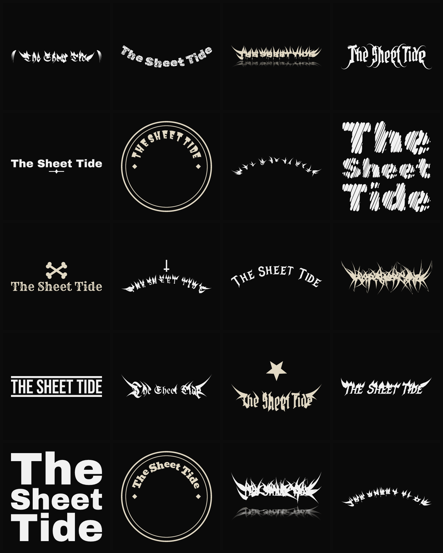 Twenty The Sheet Tide band logo ideas — different faces, treatments and spike settings