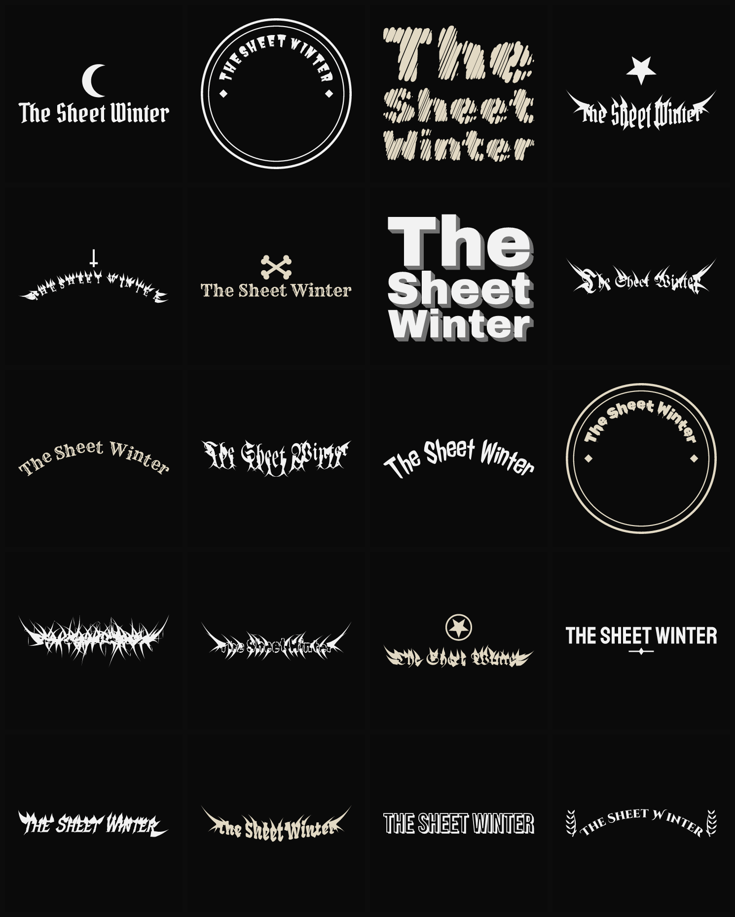 Twenty The Sheet Winter band logo ideas — different faces, treatments and spike settings
