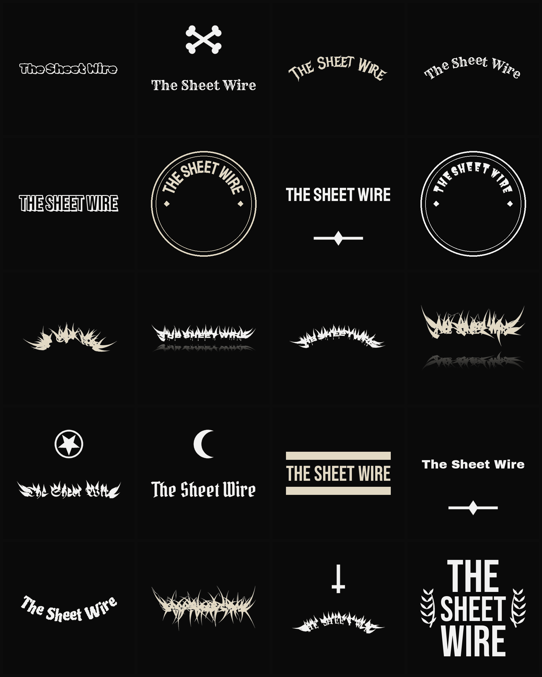 Twenty The Sheet Wire band logo ideas — different faces, treatments and spike settings
