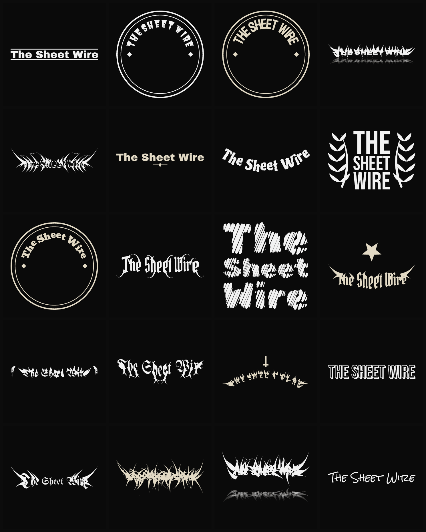 Twenty The Sheet Wire band logo ideas — different faces, treatments and spike settings
