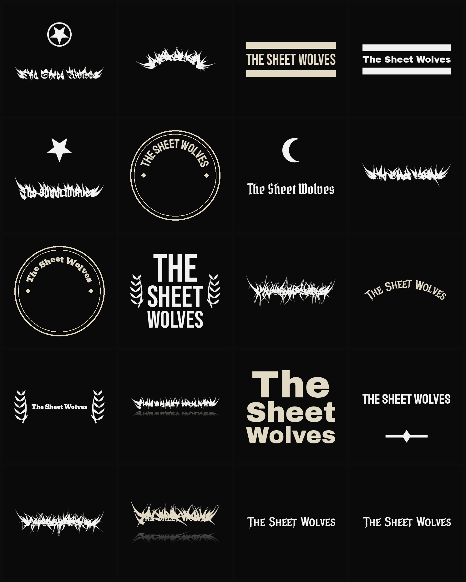 Twenty The Sheet Wolves band logo ideas — different faces, treatments and spike settings