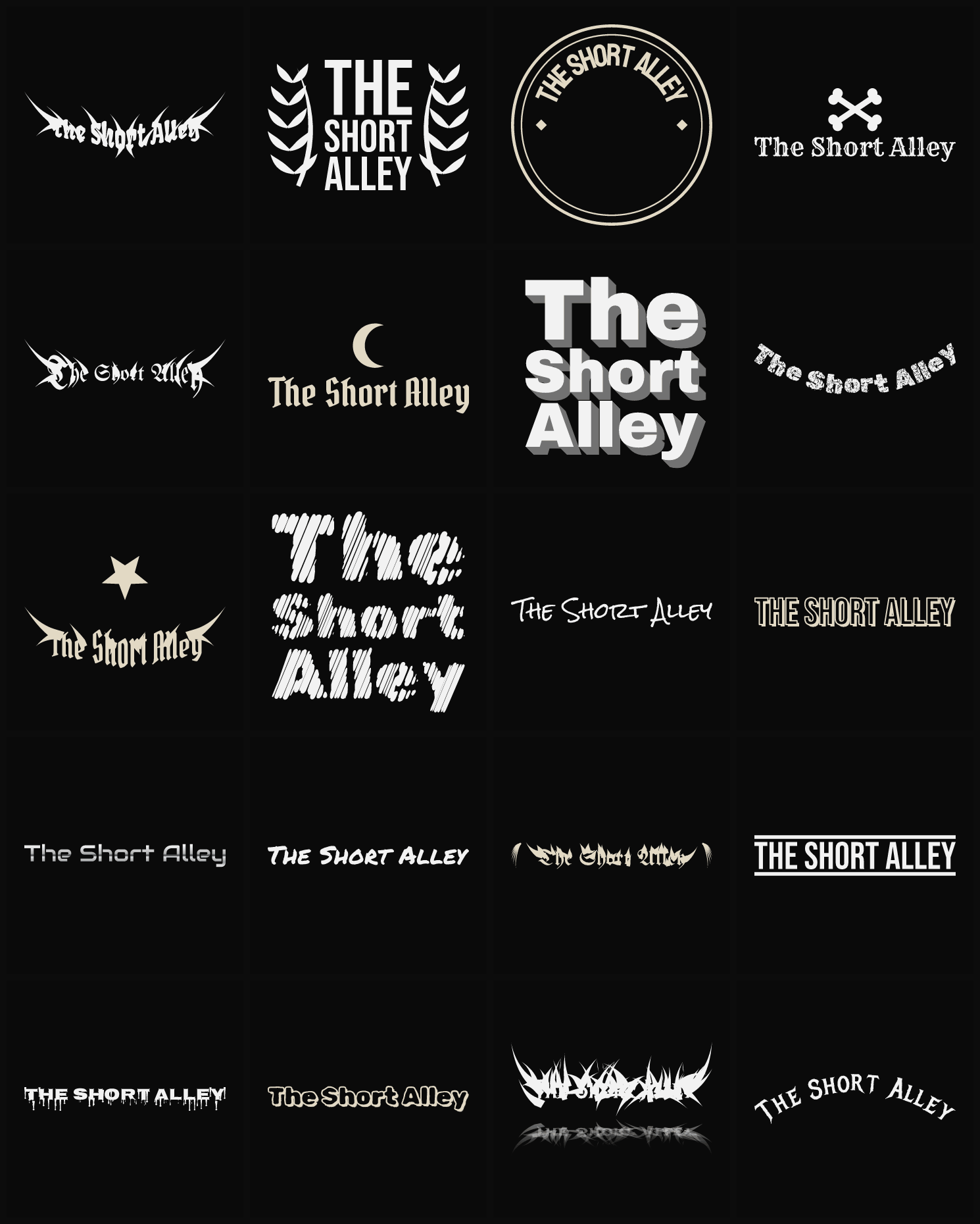 Twenty The Short Alley band logo ideas — different faces, treatments and spike settings