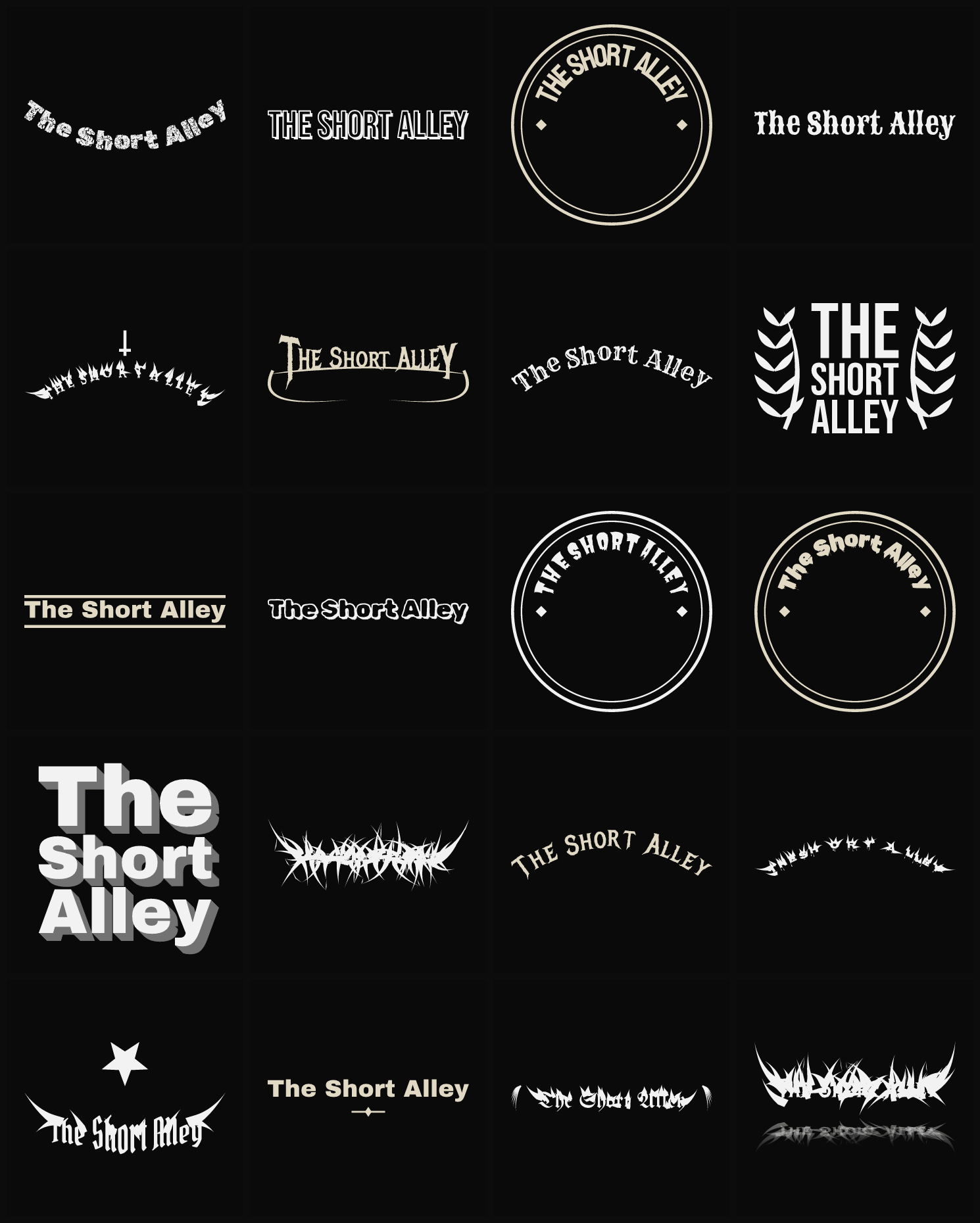 Twenty The Short Alley band logo ideas — different faces, treatments and spike settings
