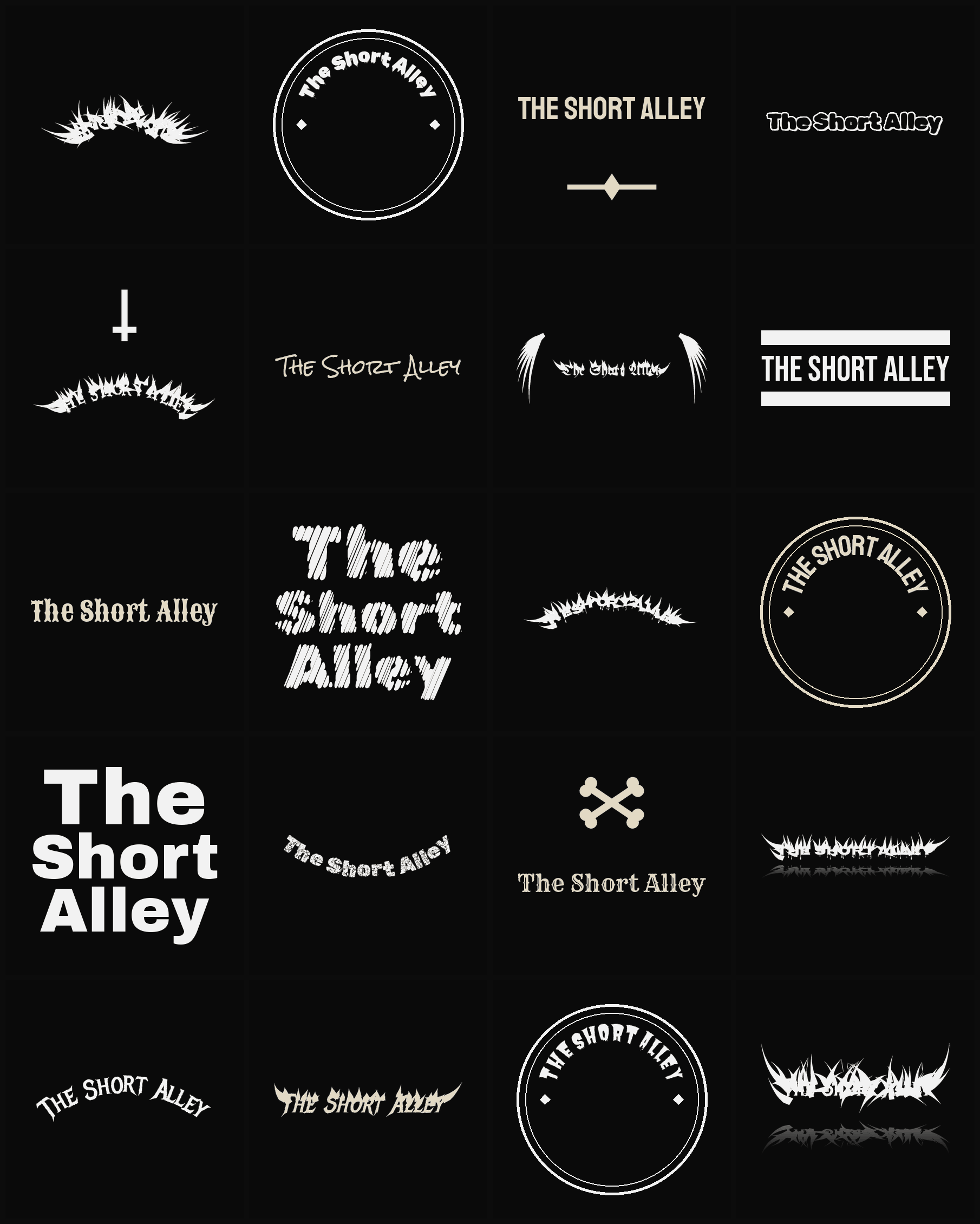Twenty The Short Alley band logo ideas — different faces, treatments and spike settings