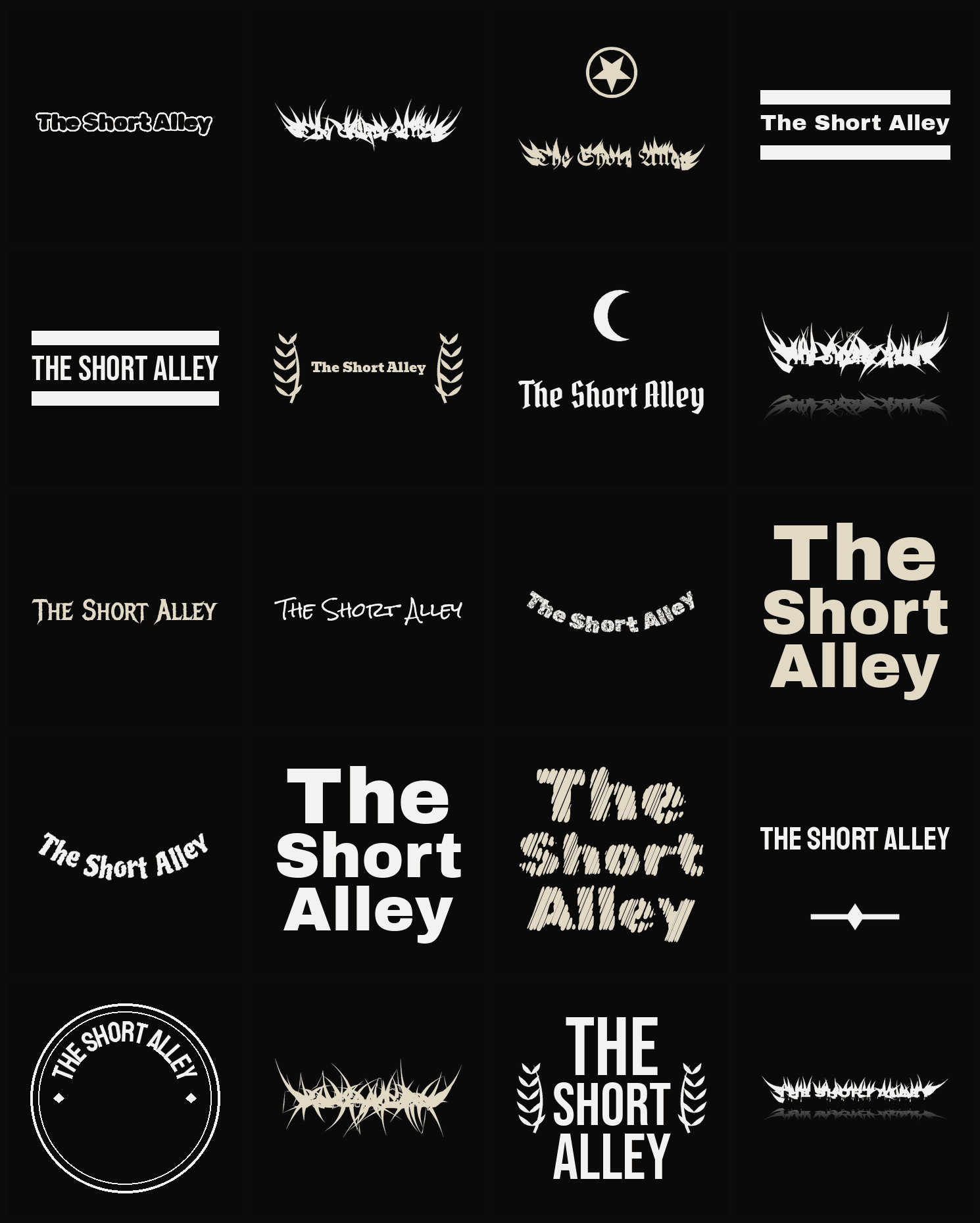 Twenty The Short Alley band logo ideas — different faces, treatments and spike settings