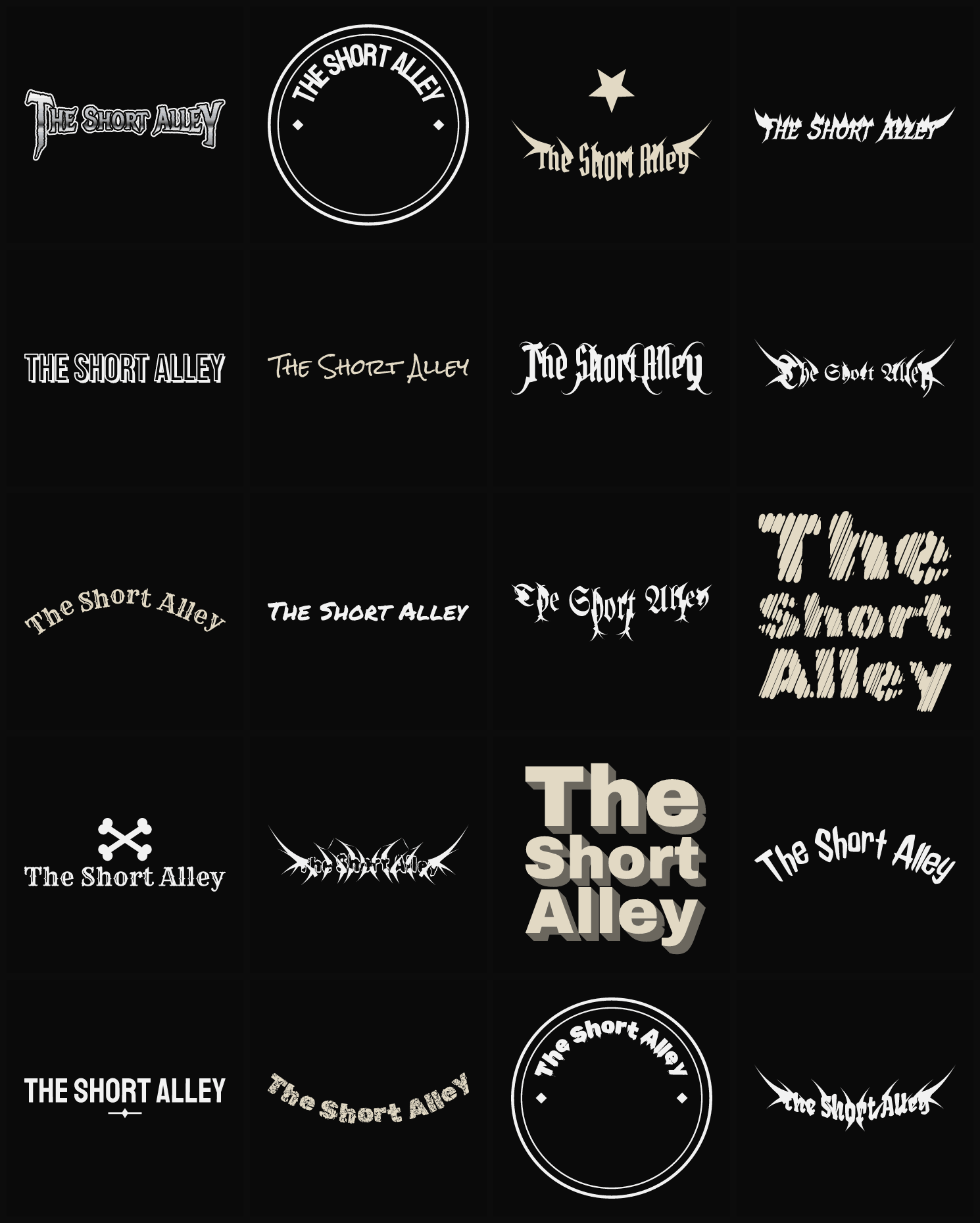 Twenty The Short Alley band logo ideas — different faces, treatments and spike settings