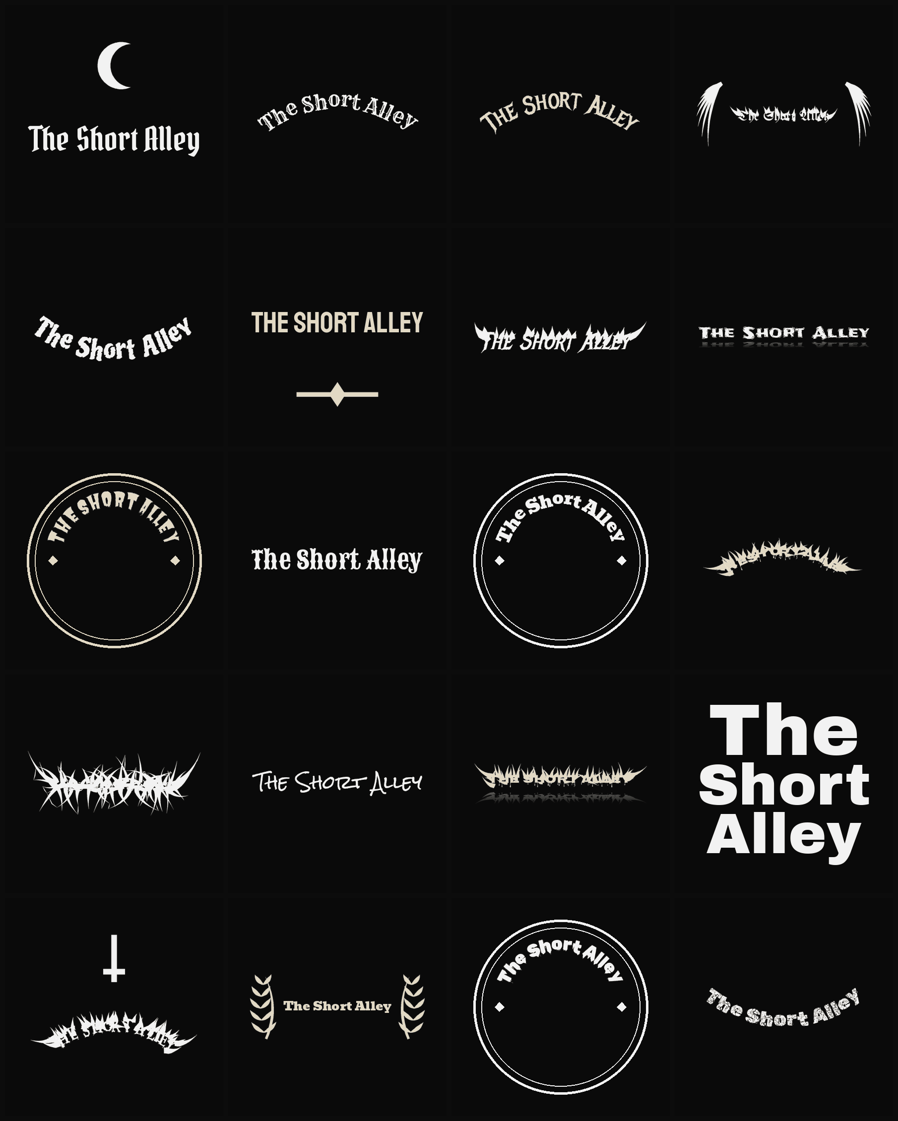 Twenty The Short Alley band logo ideas — different faces, treatments and spike settings