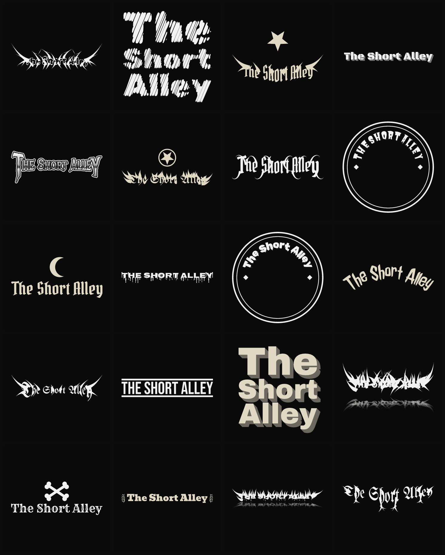 Twenty The Short Alley band logo ideas — different faces, treatments and spike settings