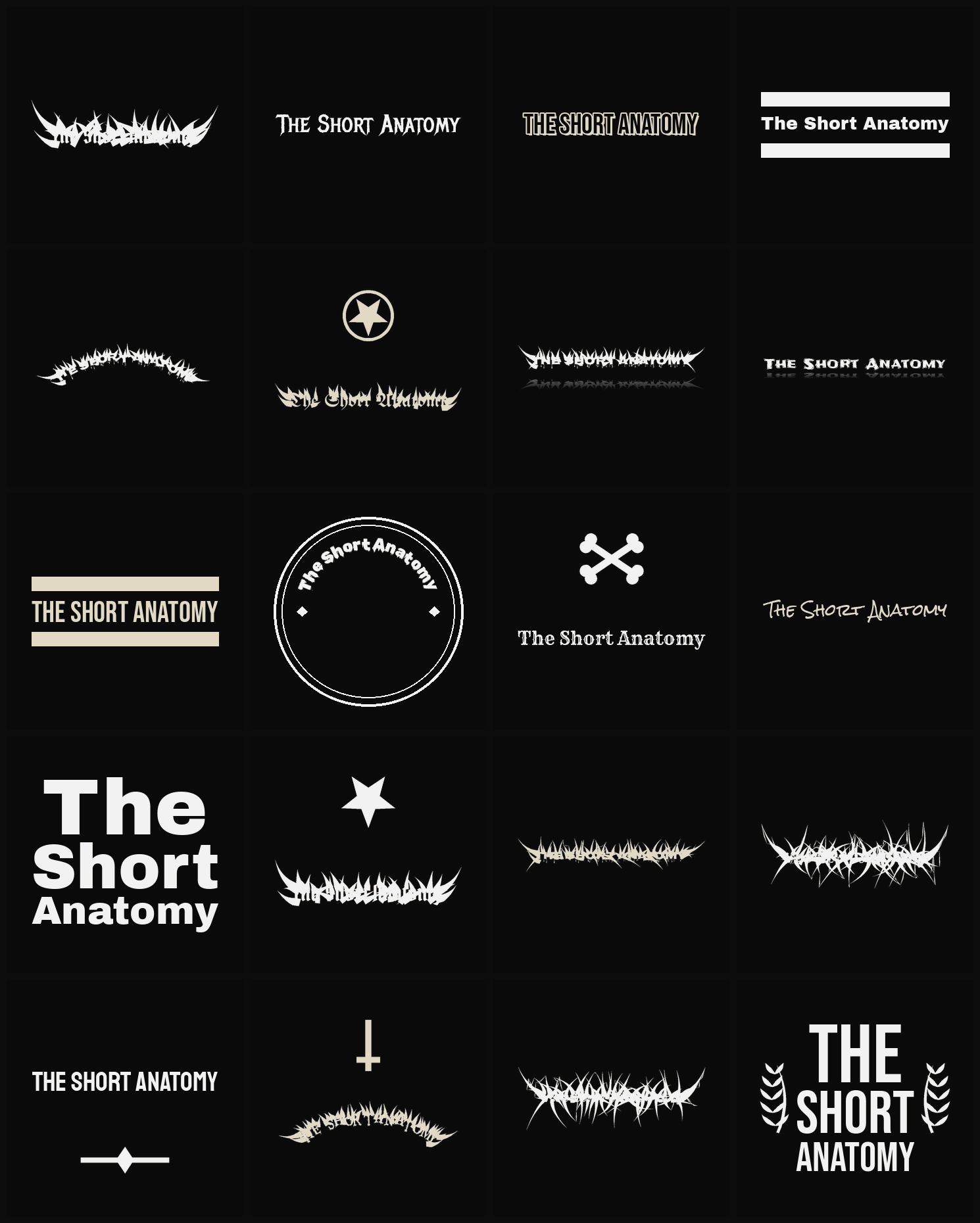 Twenty The Short Anatomy band logo ideas — different faces, treatments and spike settings