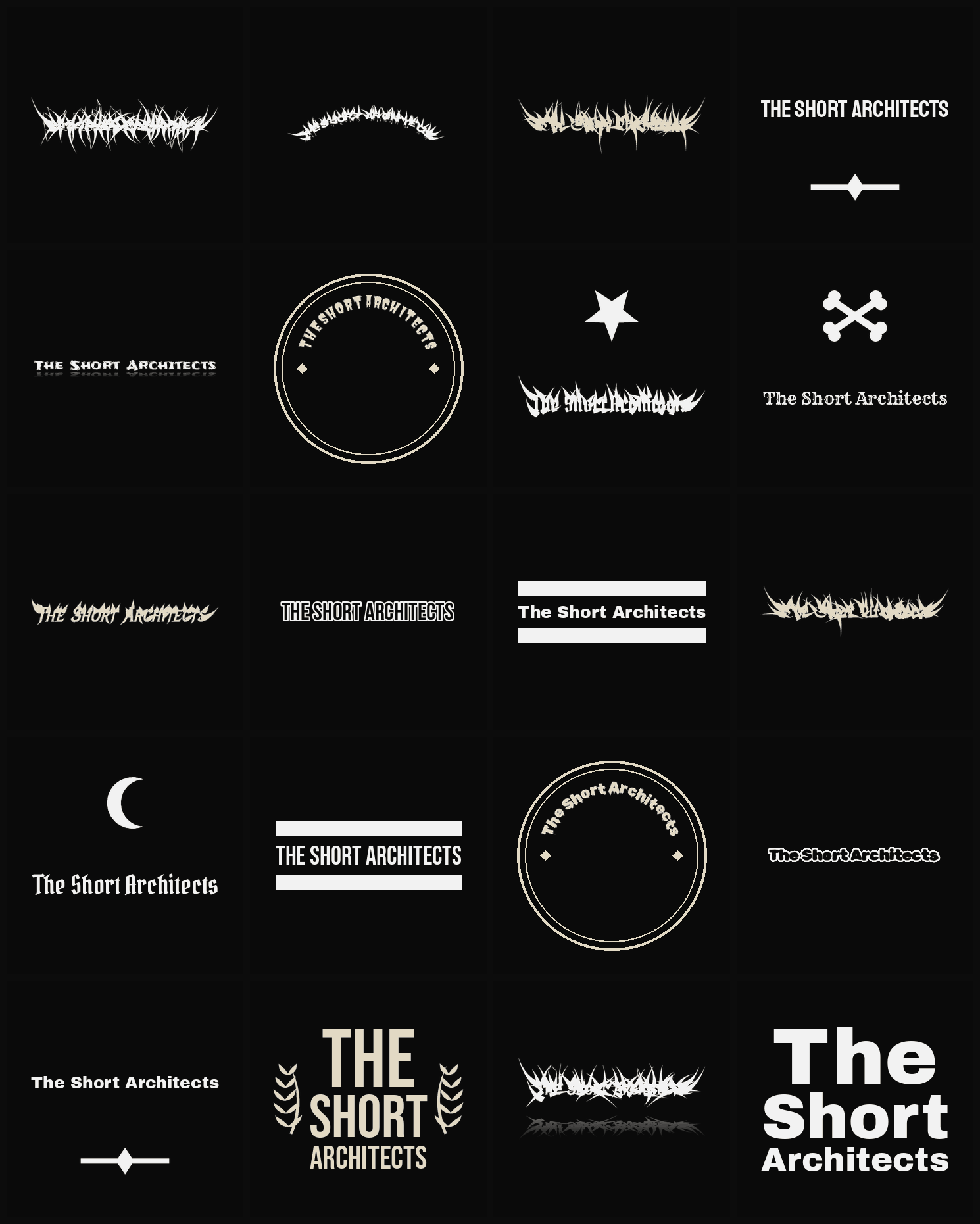 Twenty The Short Architects band logo ideas — different faces, treatments and spike settings