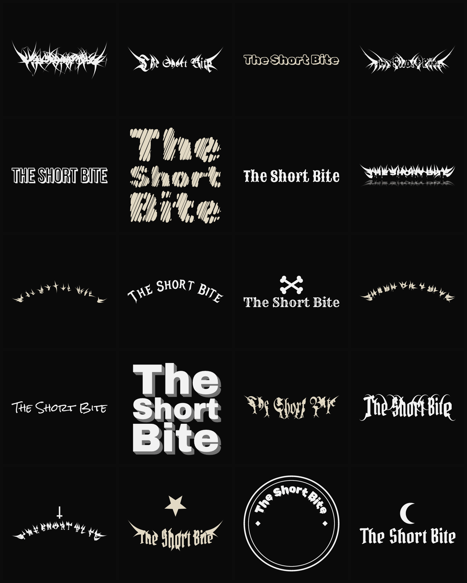 Twenty The Short Bite band logo ideas — different faces, treatments and spike settings