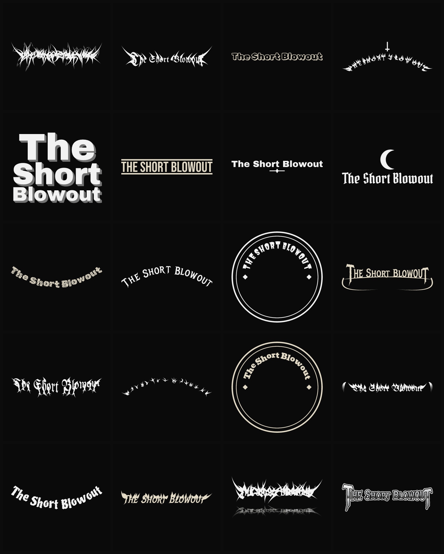 Twenty The Short Blowout band logo ideas — different faces, treatments and spike settings