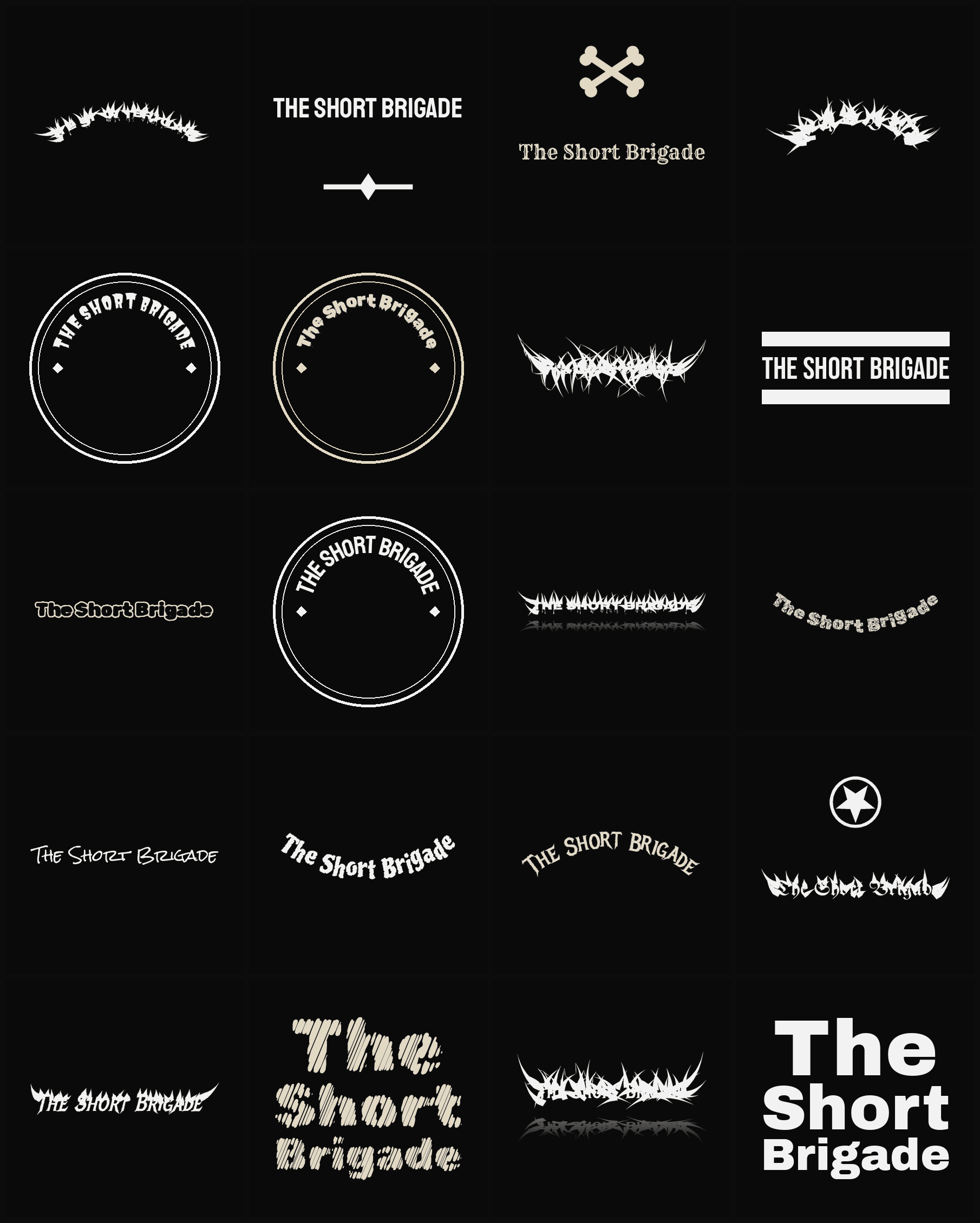 Twenty The Short Brigade band logo ideas — different faces, treatments and spike settings