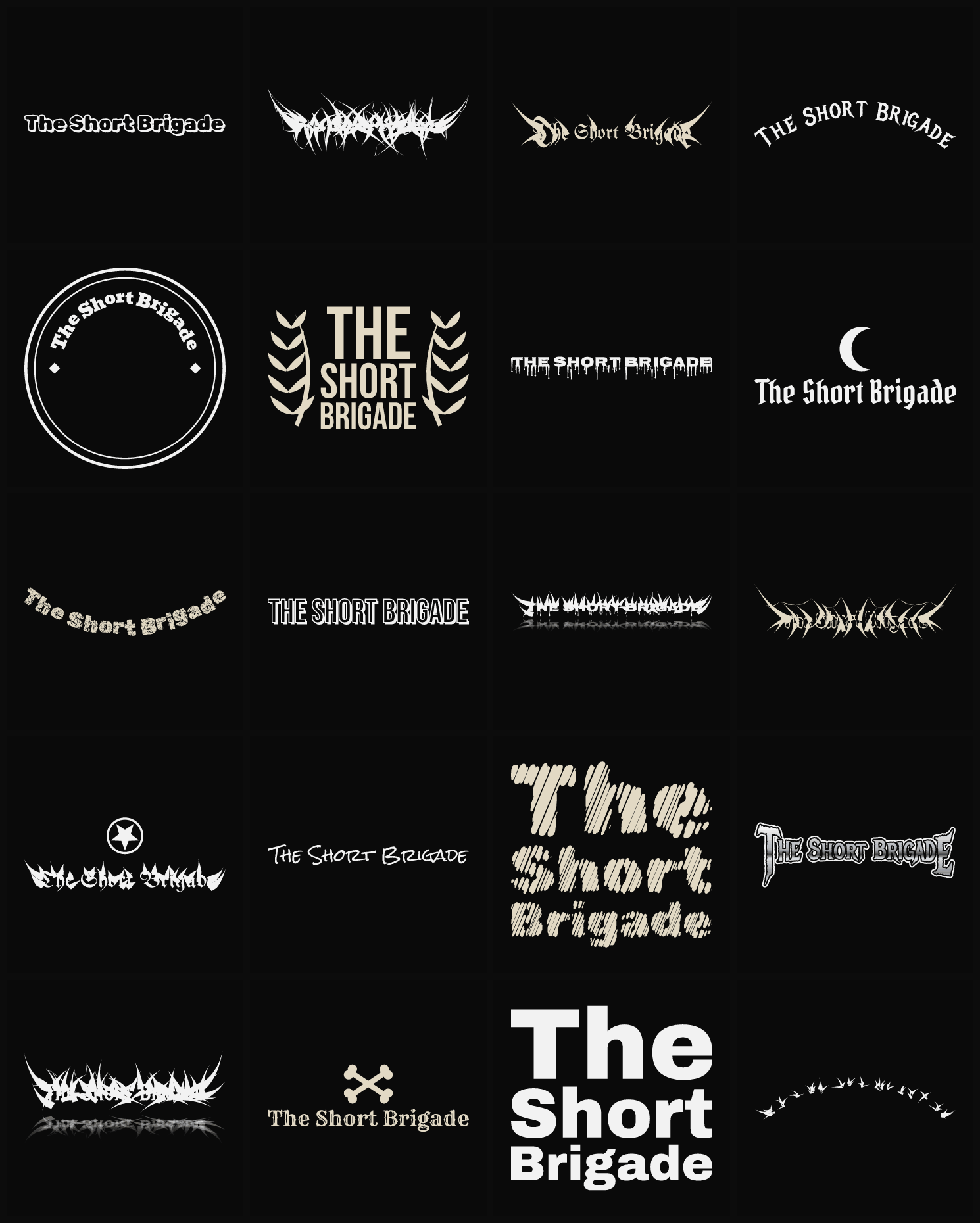 Twenty The Short Brigade band logo ideas — different faces, treatments and spike settings