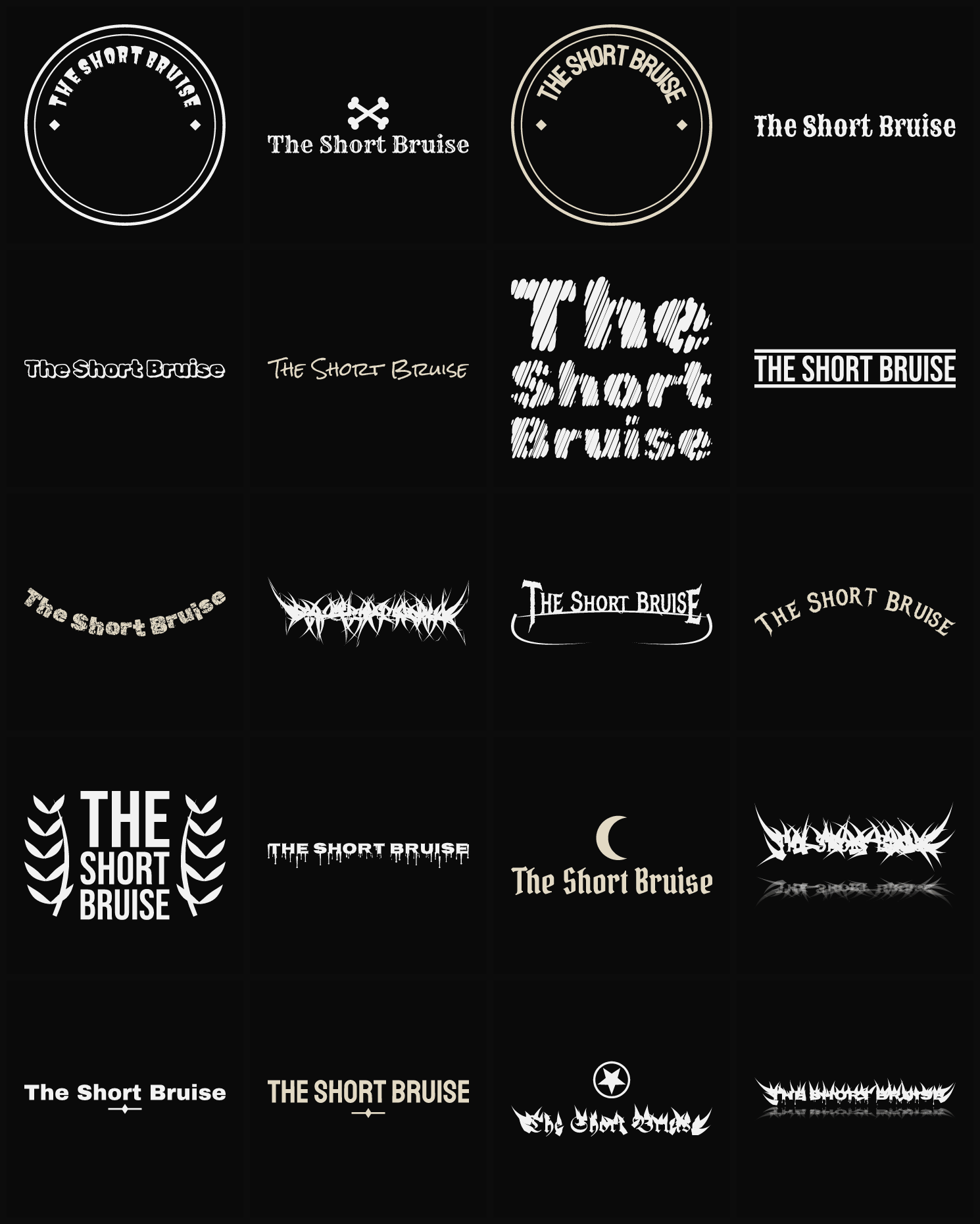 Twenty The Short Bruise band logo ideas — different faces, treatments and spike settings
