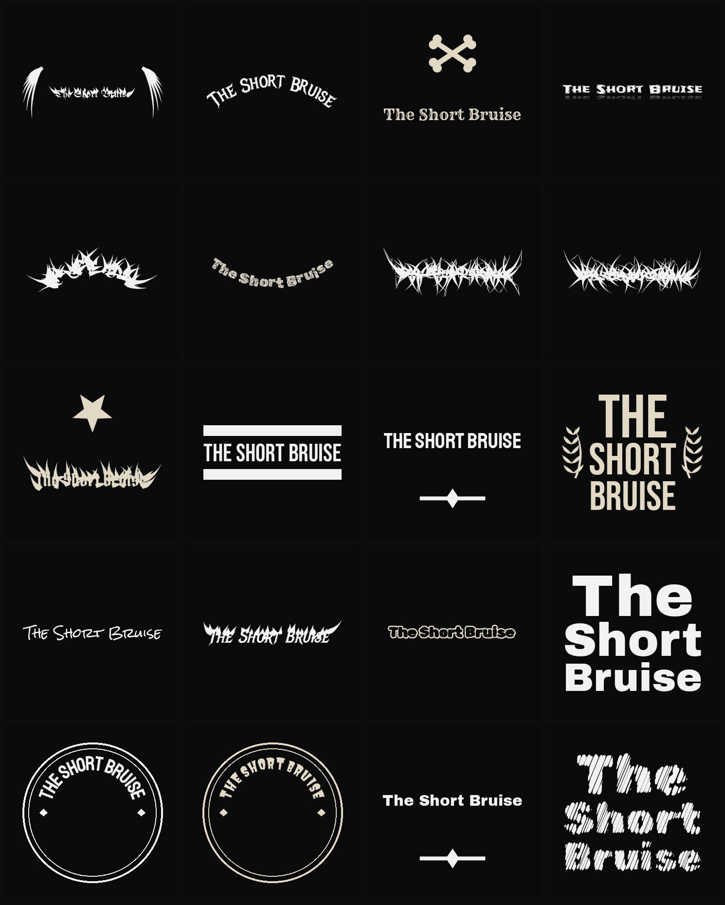 Twenty The Short Bruise band logo ideas — different faces, treatments and spike settings