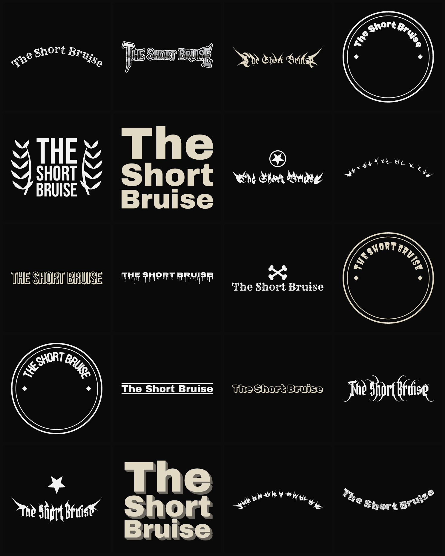 Twenty The Short Bruise band logo ideas — different faces, treatments and spike settings