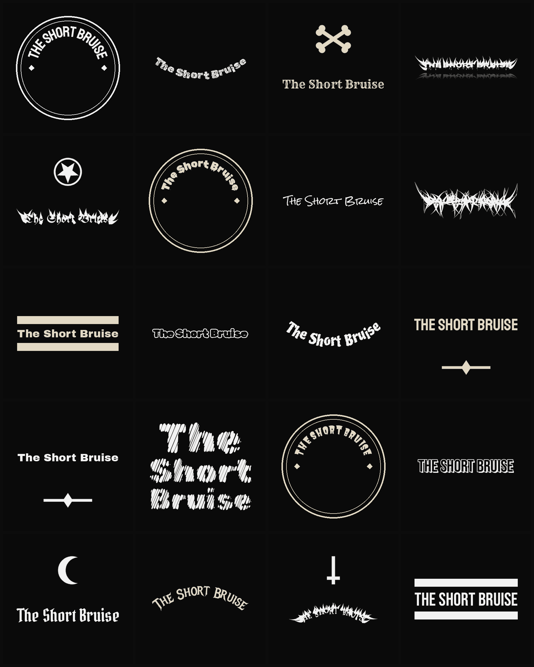 Twenty The Short Bruise band logo ideas — different faces, treatments and spike settings