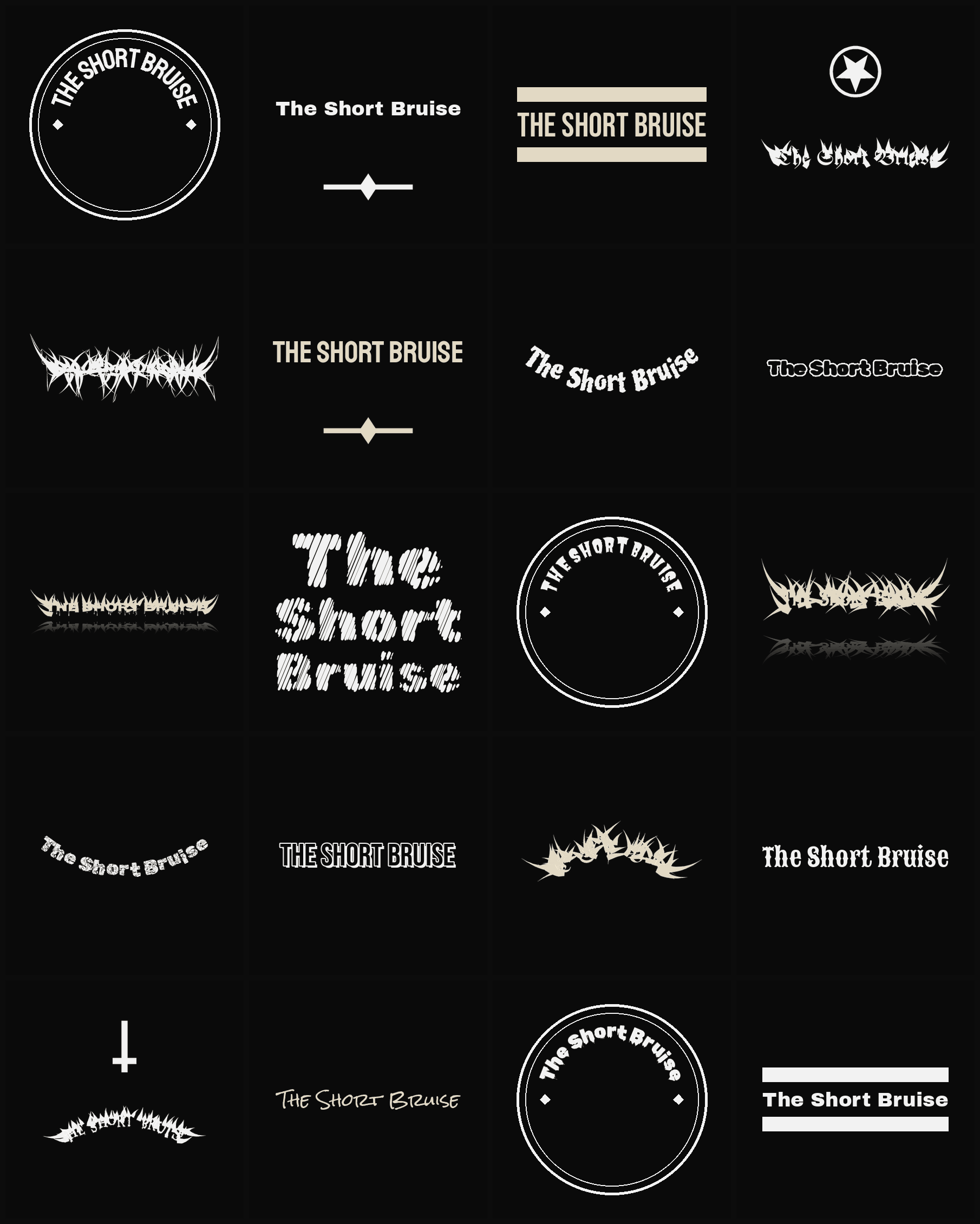 Twenty The Short Bruise band logo ideas — different faces, treatments and spike settings
