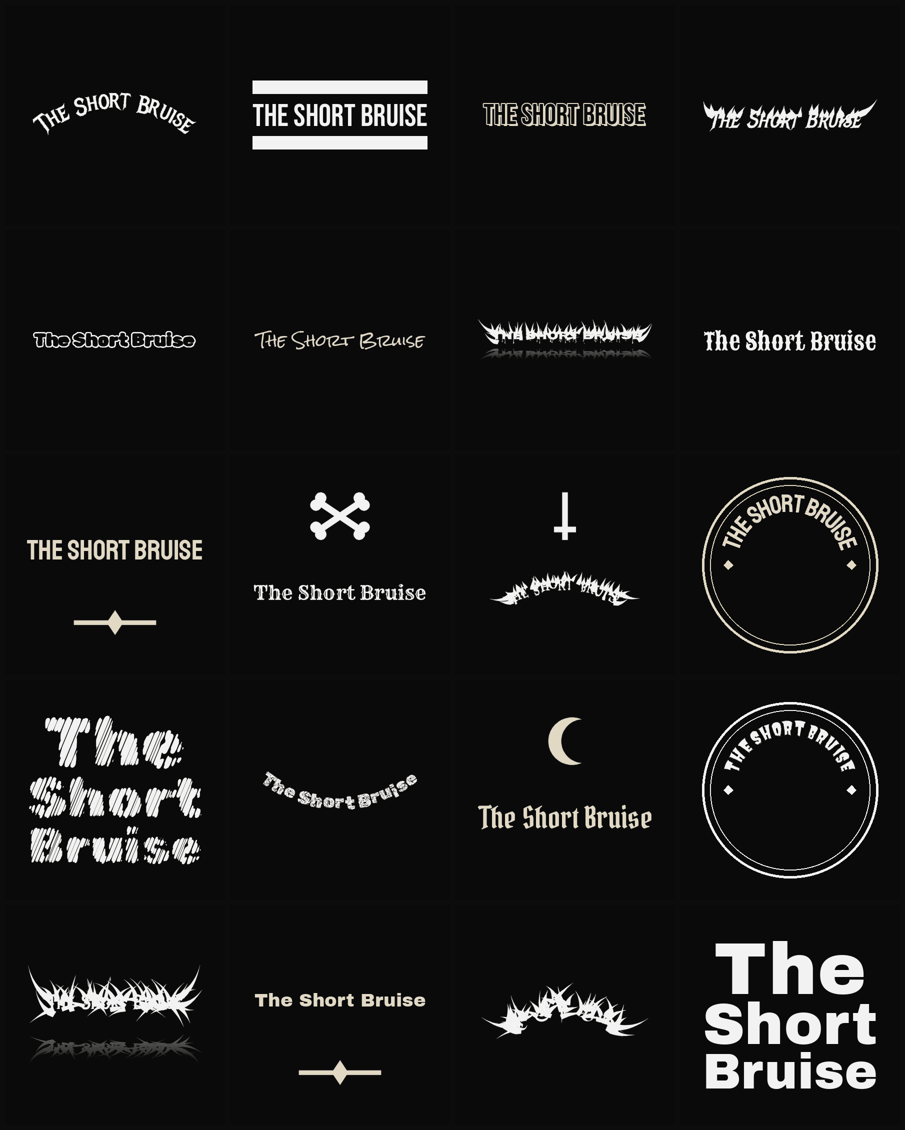 Twenty The Short Bruise band logo ideas — different faces, treatments and spike settings