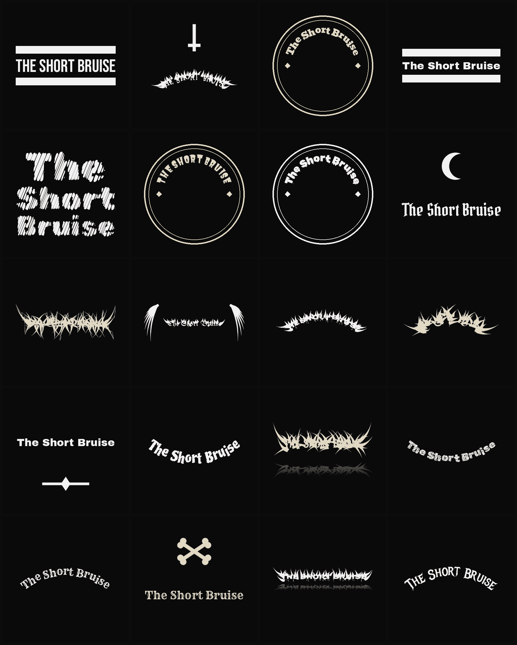 Twenty The Short Bruise band logo ideas — different faces, treatments and spike settings