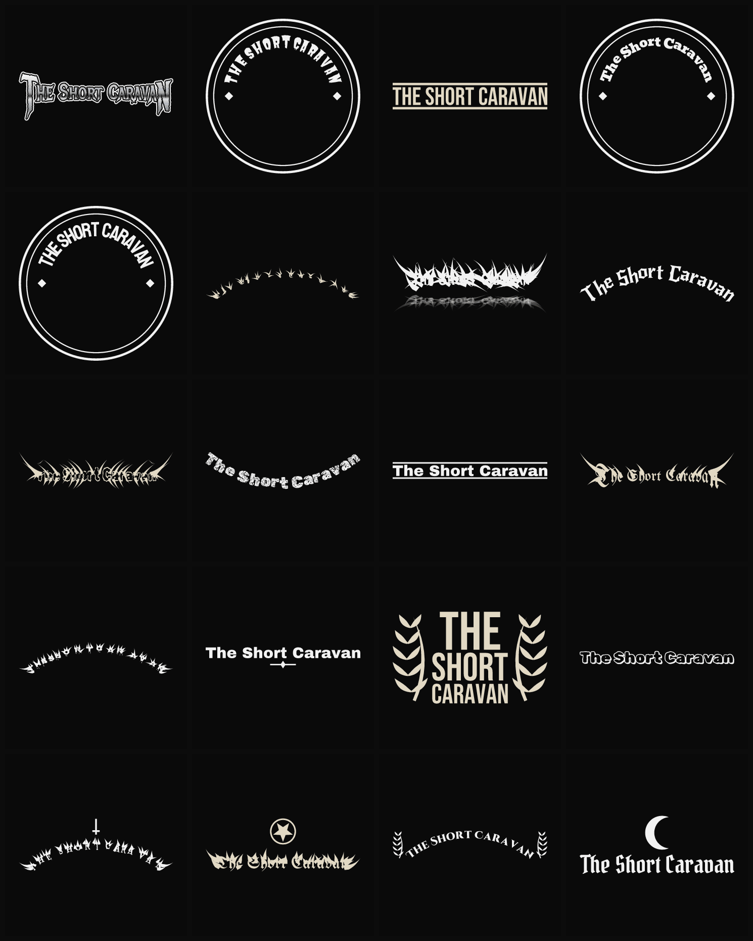 Twenty The Short Caravan band logo ideas — different faces, treatments and spike settings