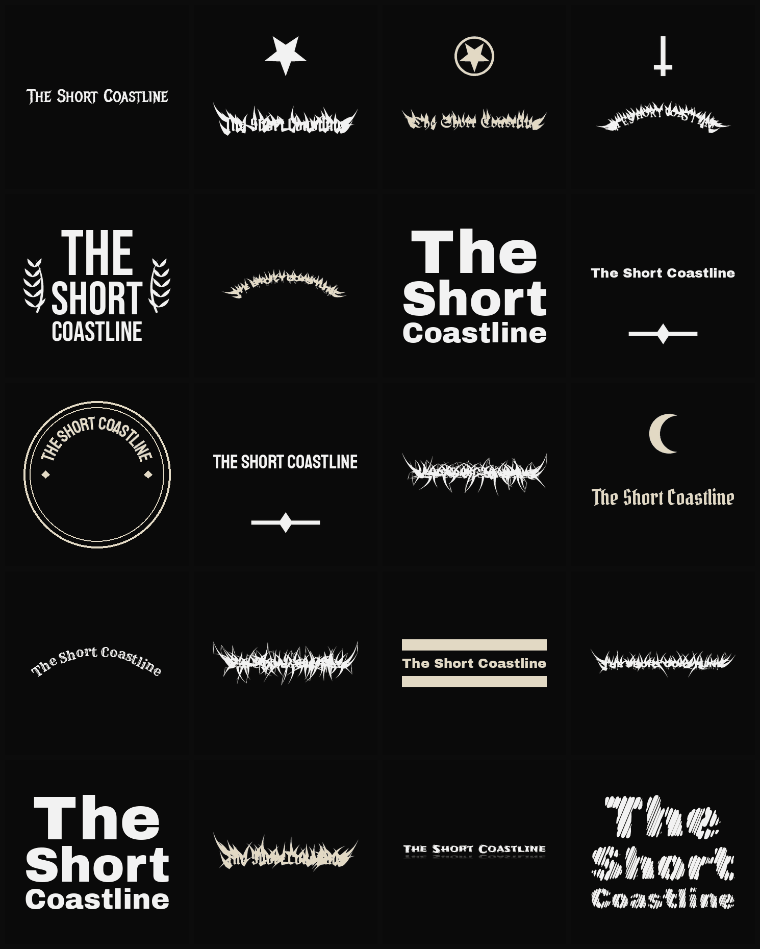 Twenty The Short Coastline band logo ideas — different faces, treatments and spike settings