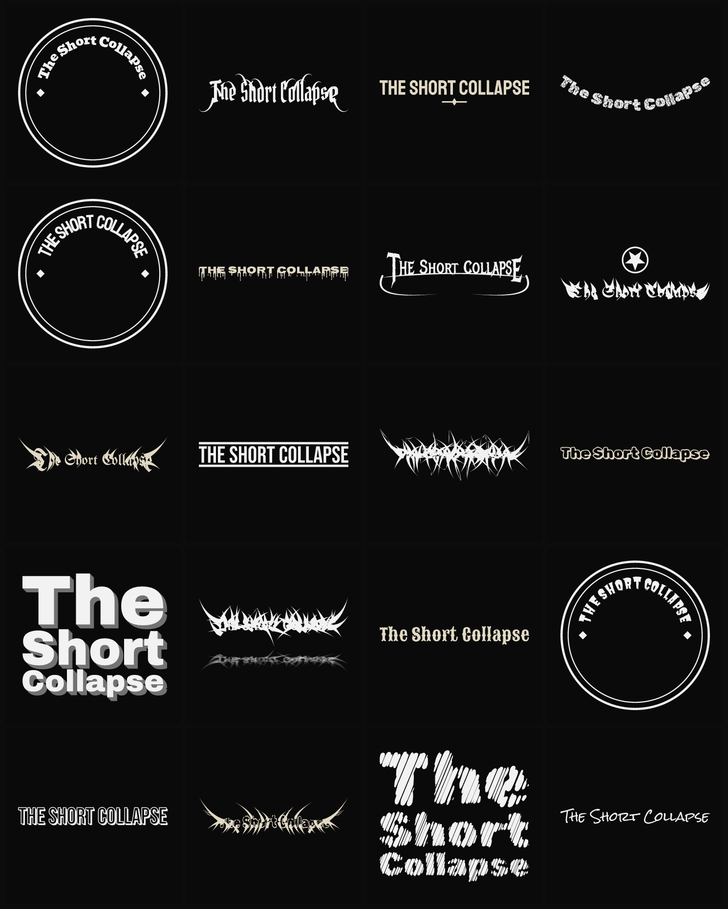 Twenty The Short Collapse band logo ideas — different faces, treatments and spike settings