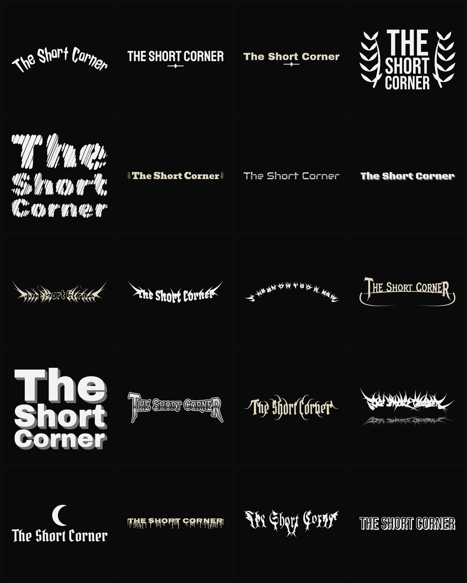 Twenty The Short Corner band logo ideas — different faces, treatments and spike settings