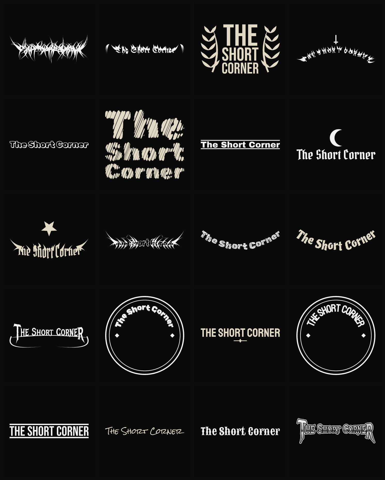 Twenty The Short Corner band logo ideas — different faces, treatments and spike settings