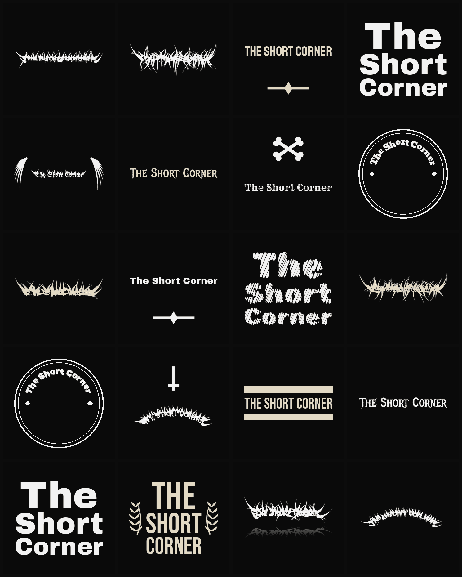 Twenty The Short Corner band logo ideas — different faces, treatments and spike settings