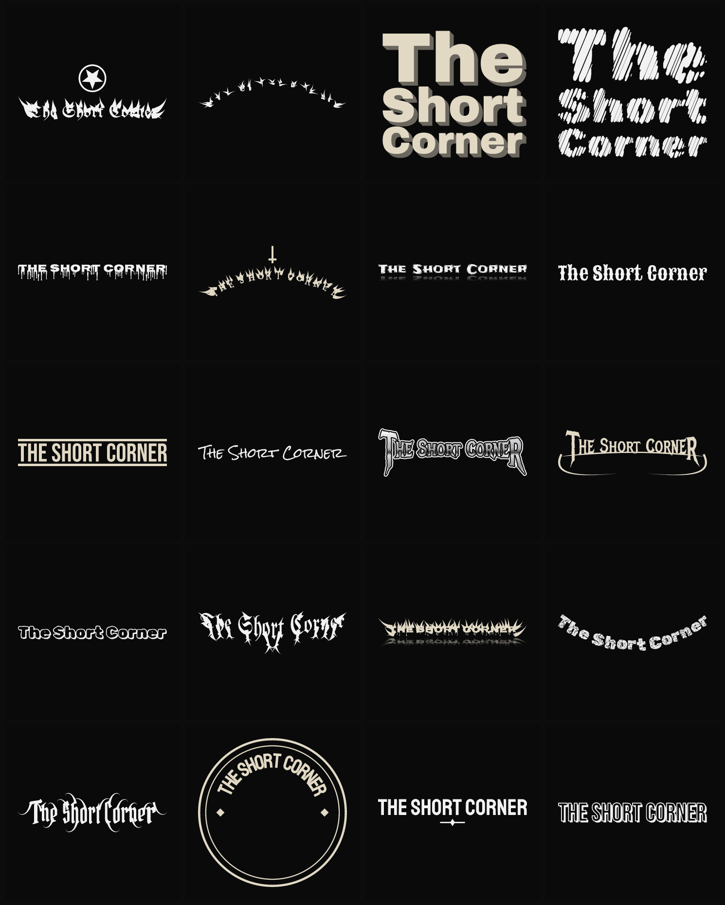Twenty The Short Corner band logo ideas — different faces, treatments and spike settings