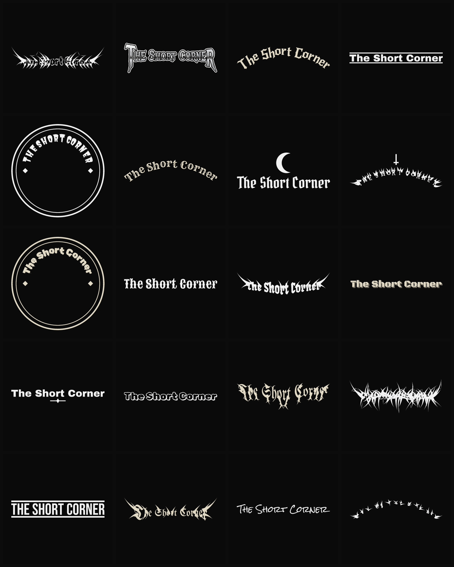 Twenty The Short Corner band logo ideas — different faces, treatments and spike settings