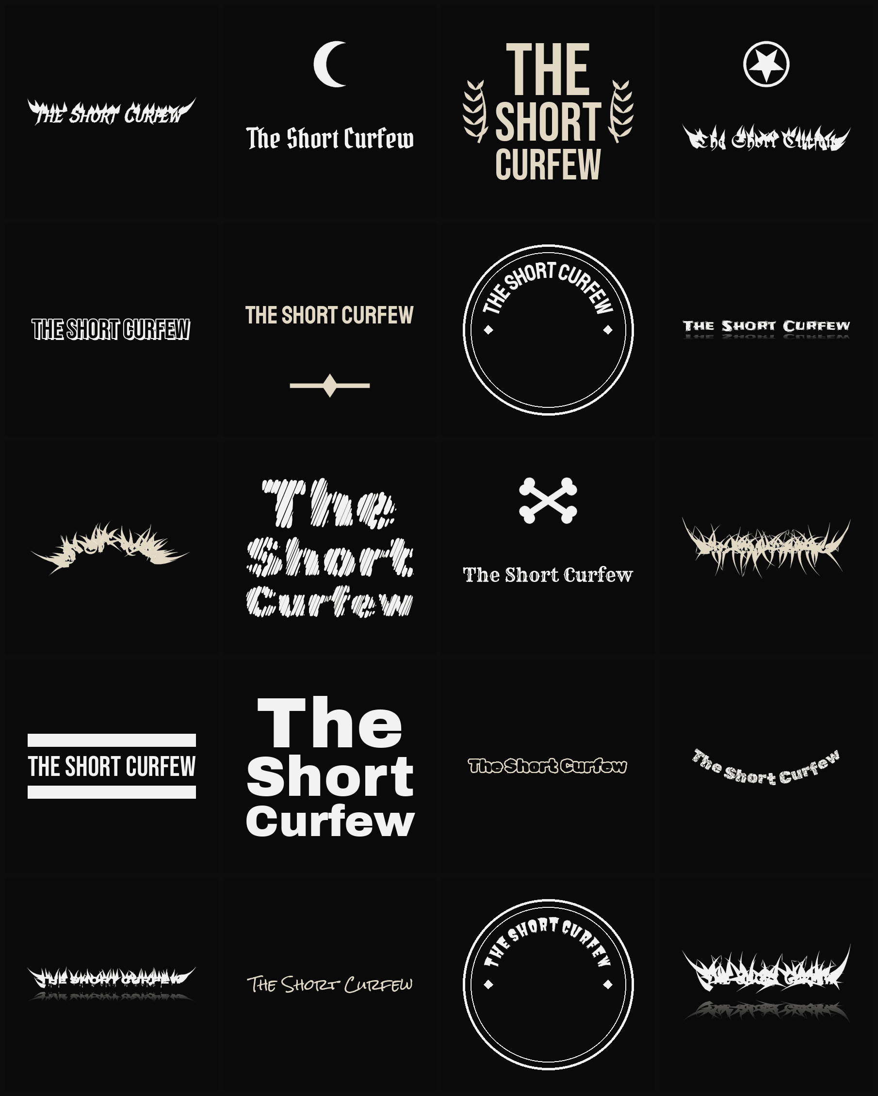 Twenty The Short Curfew band logo ideas — different faces, treatments and spike settings